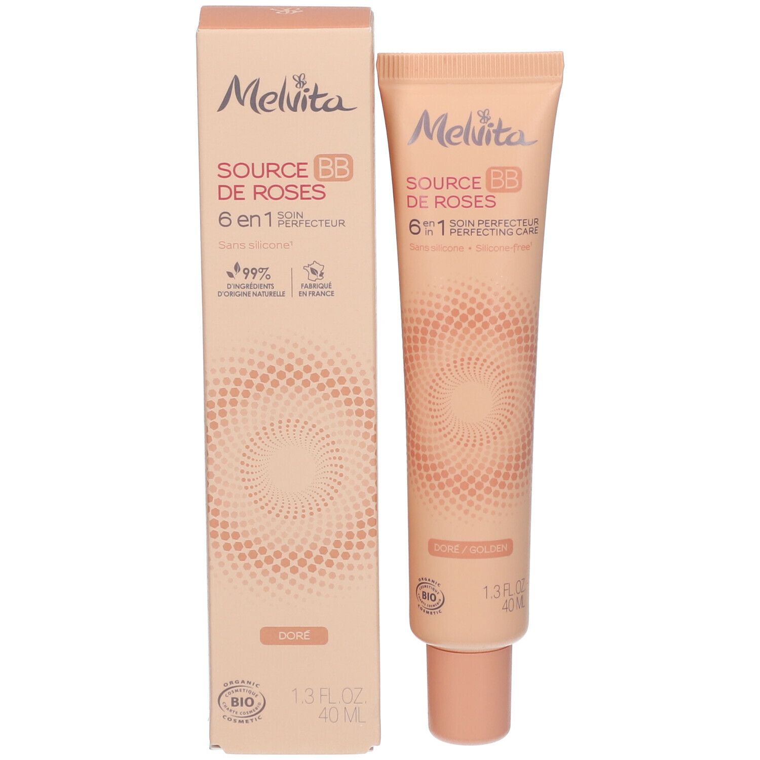 Produit et emballage. Melvita Source de Roses BB Cream. Teinte dorée. Certification Bio. 1.3 fl oz.