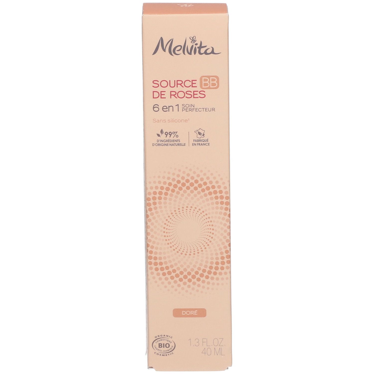 Emballage. Melvita Source de Roses BB Cream. Teinte dorée. Certification Bio. 1.3 fl oz. Texte: Dore.