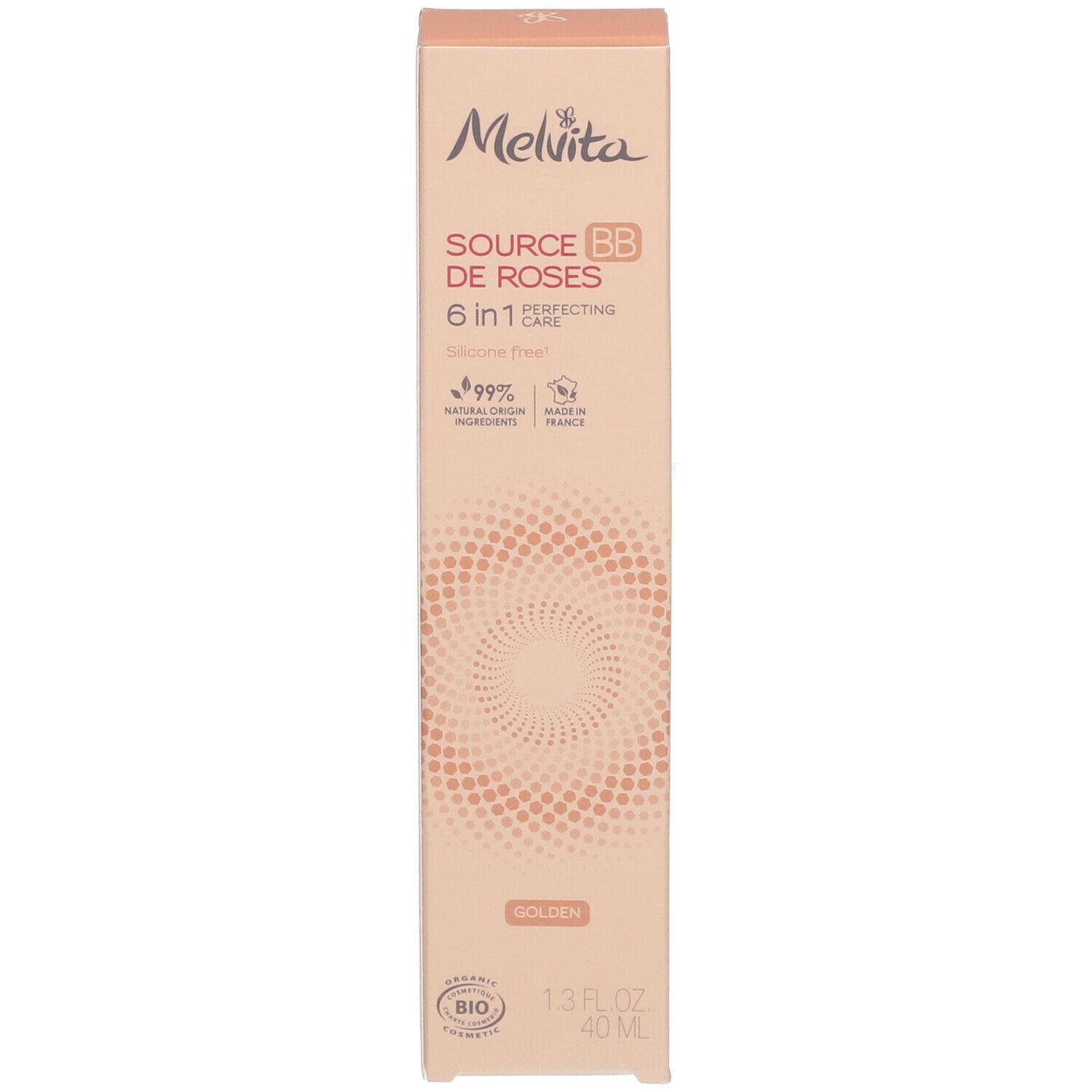 Emballage. Melvita Source de Roses BB Cream. Teinte dorée. Certification Bio. 1.3 fl oz. Texte: Golden.