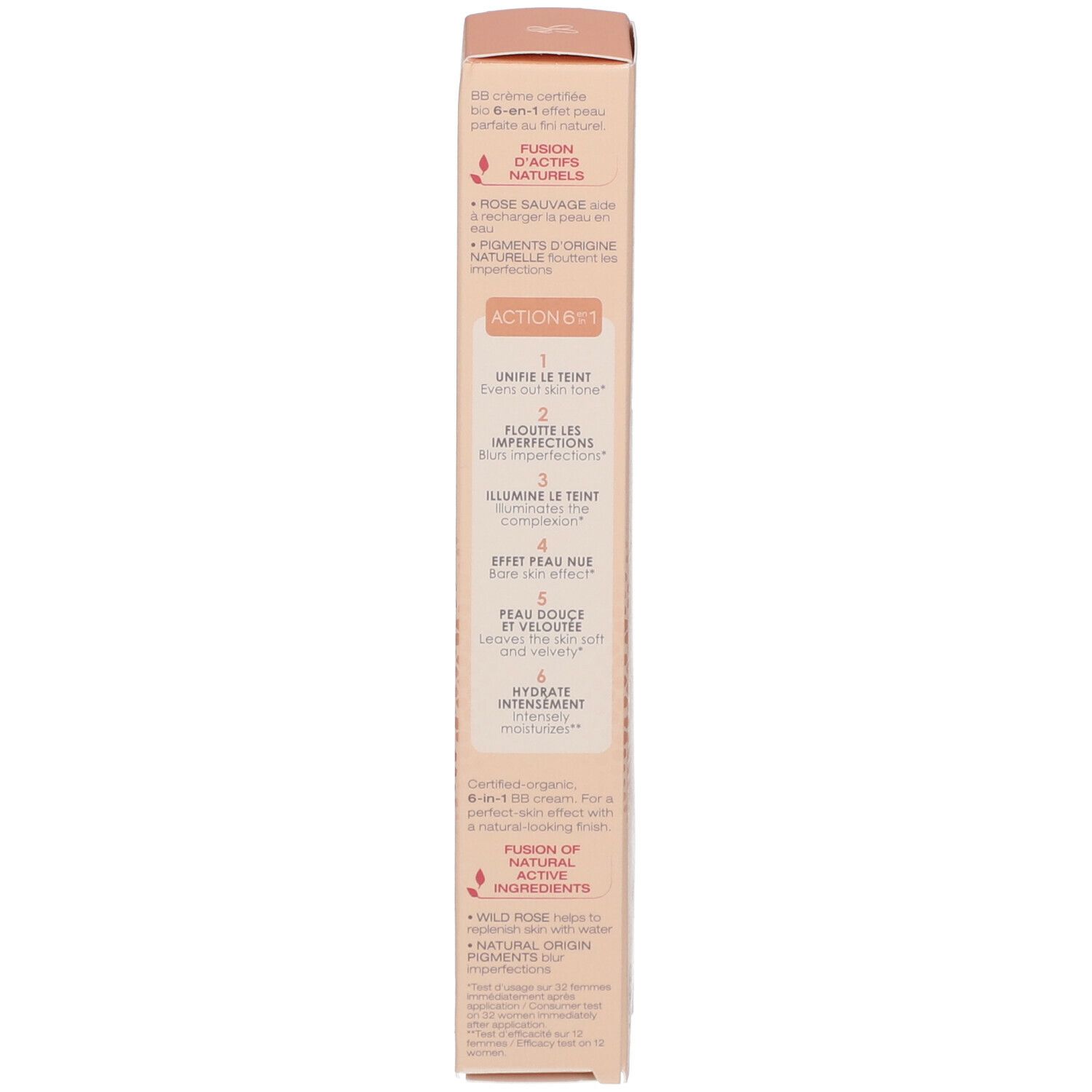 Dos de l'emballage. Texte: BB Cream, ingrédients, action 6 en 1, certifications.