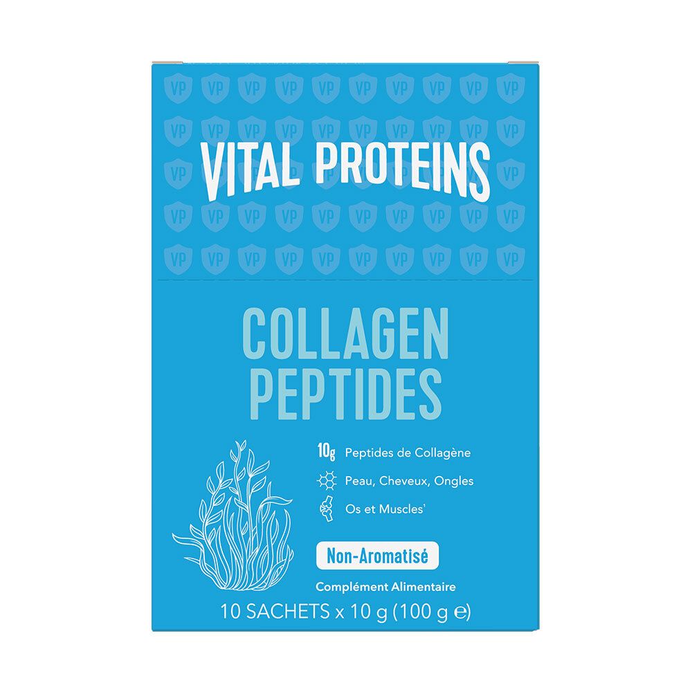 Blaue Schachtel mit "VITAL PROTEINS COLLAGEN PEPTIDES". Enthält 10 Sachets. Text: "Non-Aromatisiert".