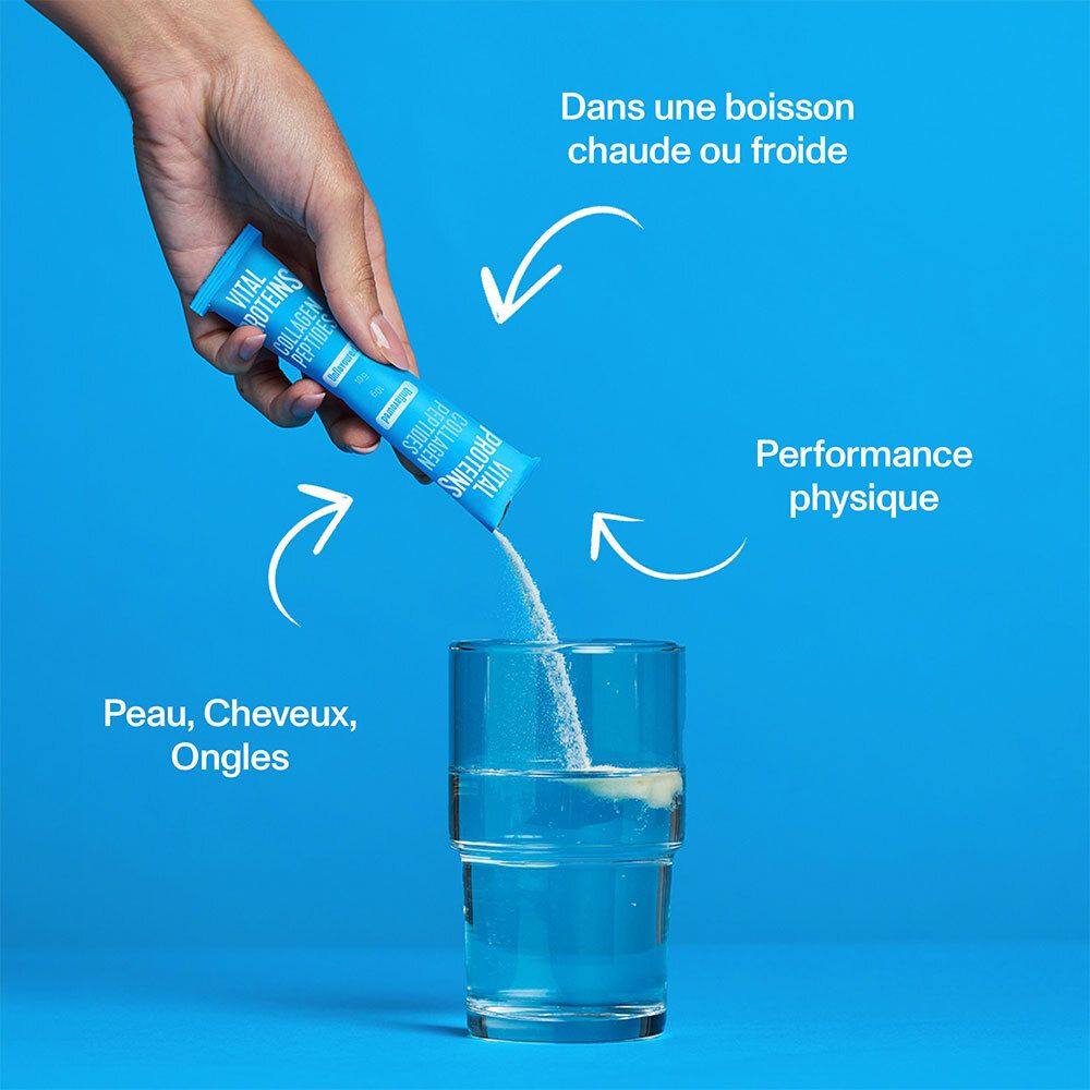 Hand hält Sachet mit Pulver in Glas Wasser. Text: "VITAL PROTEINS COLLAGÈNE". Pfeile zeigen auf "Peau, Cheveux, Ongles" und "Performance physique".