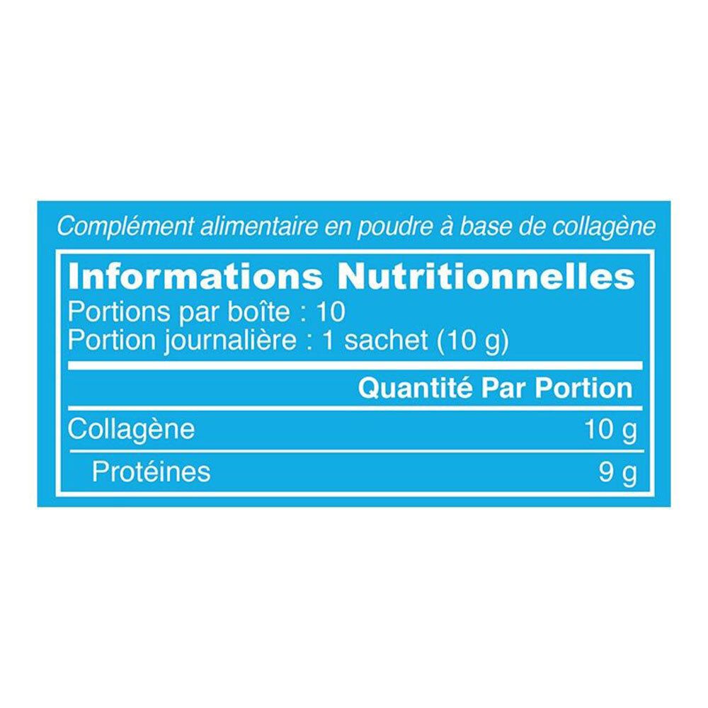 Nährwerttabelle. Text: "Informations Nutritionnelles". Enthält Collagen und Proteine. 10 Portionen pro Box, 1 Sachet (10 g).