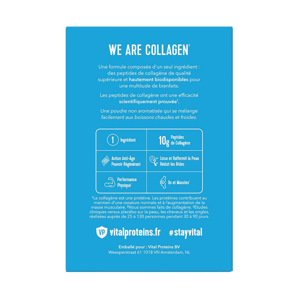 Rückseite der Schachtel. Text: "WE ARE COLLAGEN". Informationen über Inhaltsstoffe, Vorteile und Anwendung. Logo "#stayvital".