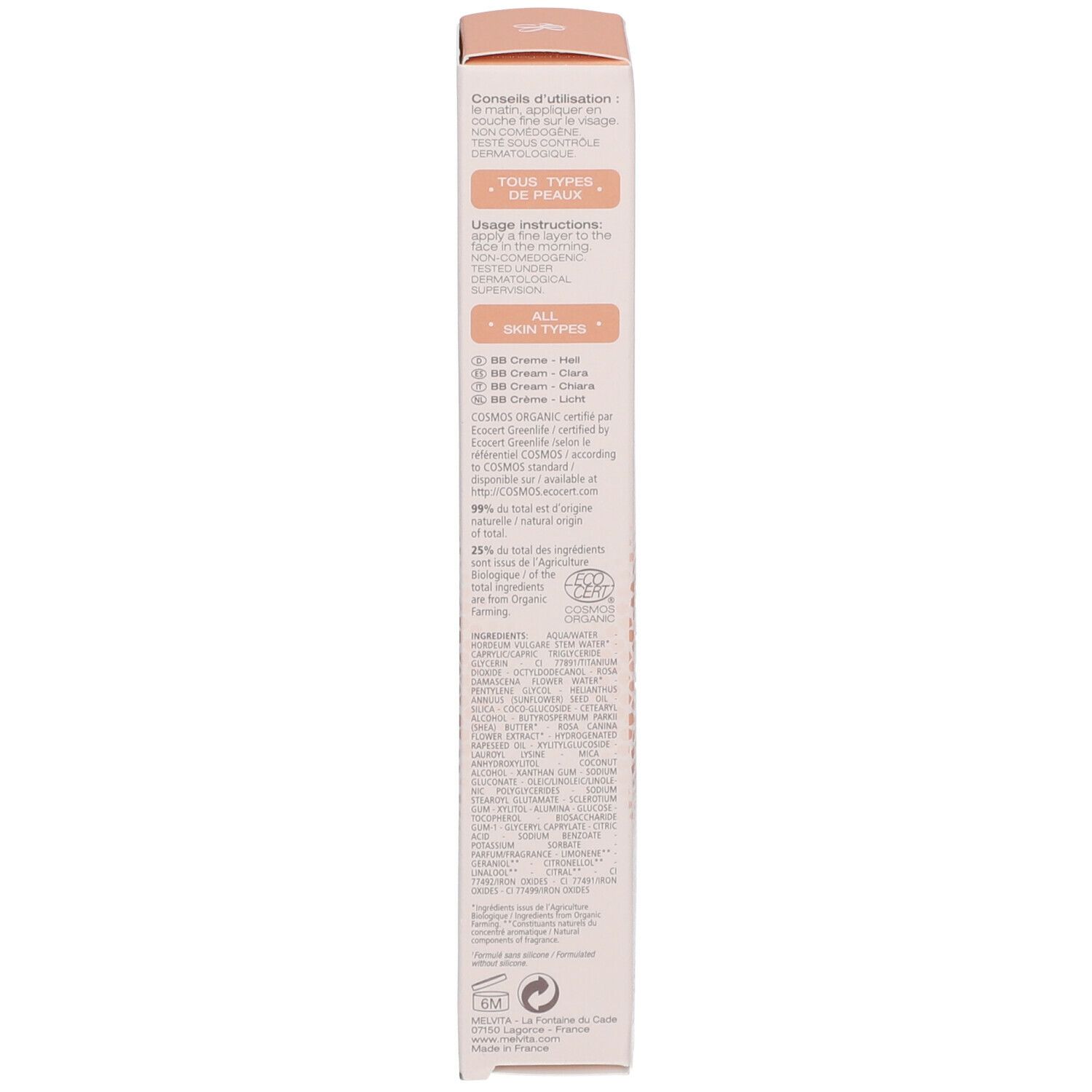 Melvita Bio-zertifizierte BB Creme Source de Roses heller Farbton