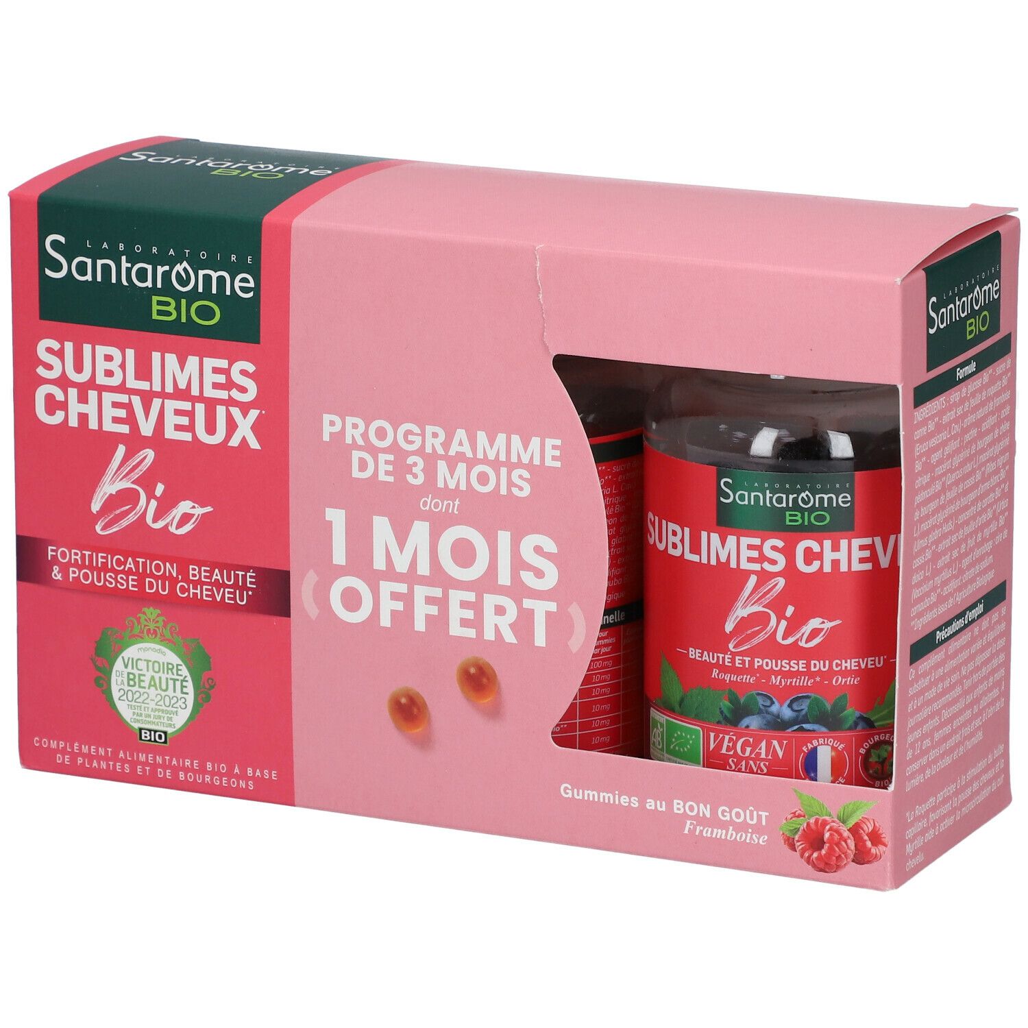 Rosa Verpackung mit Santarome Bio Gummies. Sichtbar: Produktname, 1 Monat gratis, 2 Gummis.