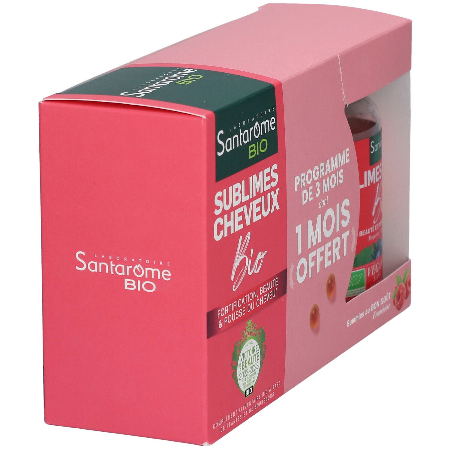 Rosa Verpackung mit Santarome Bio Gummies. Sichtbar: Produktname, 1 Monat gratis.