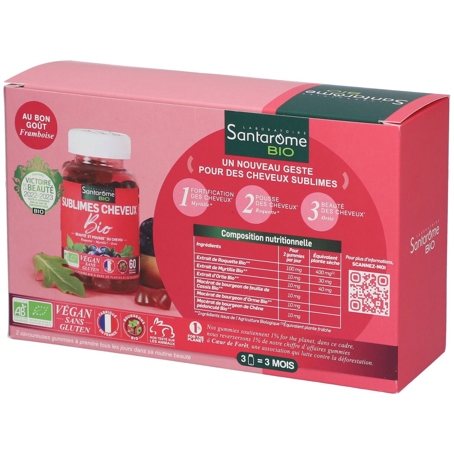 Rosa Verpackung mit Santarome Bio Gummies. Sichtbar: Produktname, Inhaltsstoffe, 60 gummies.