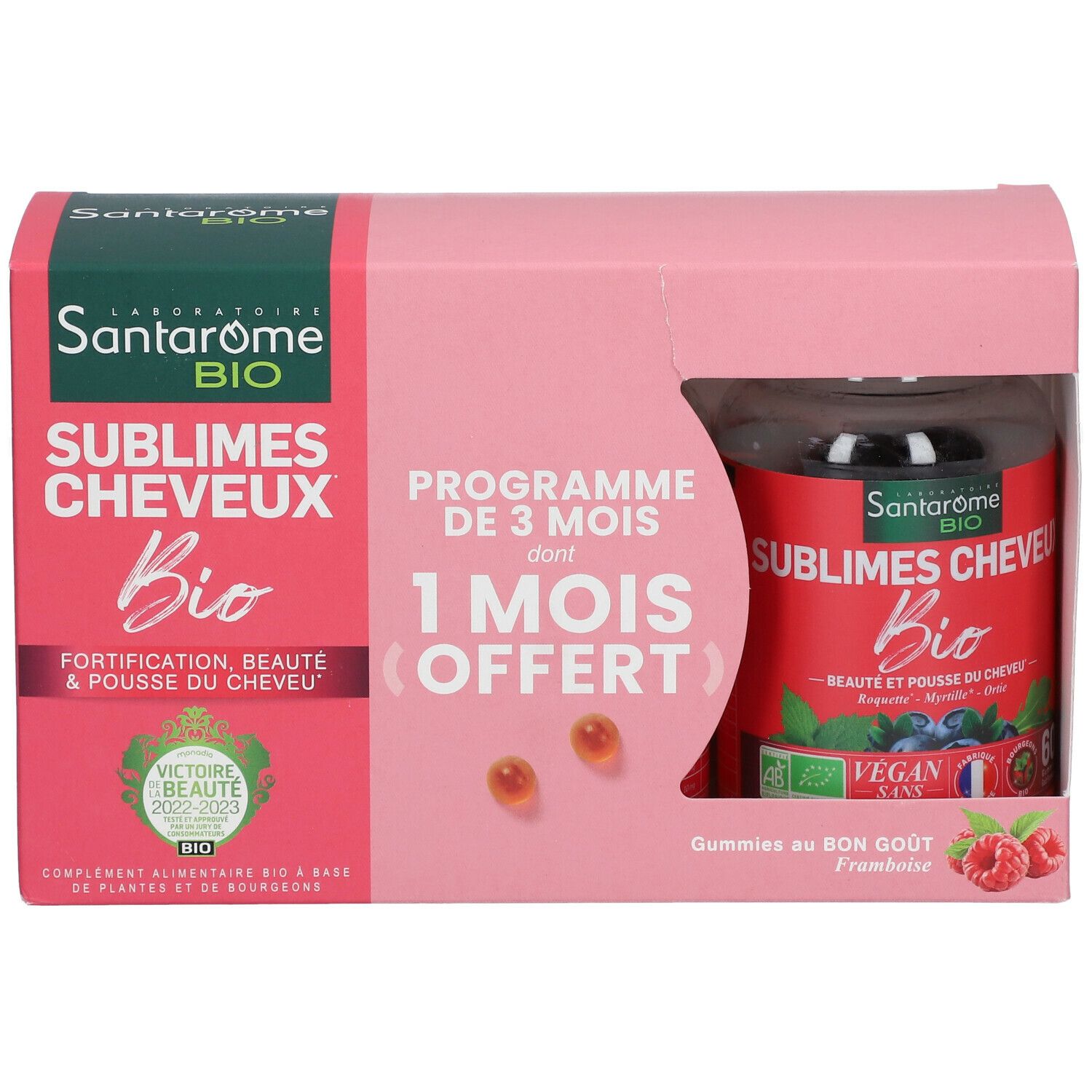 Rosa Verpackung mit Santarome Bio Gummies. Sichtbar: Produktname, 1 Monat gratis, 2 Gummis.