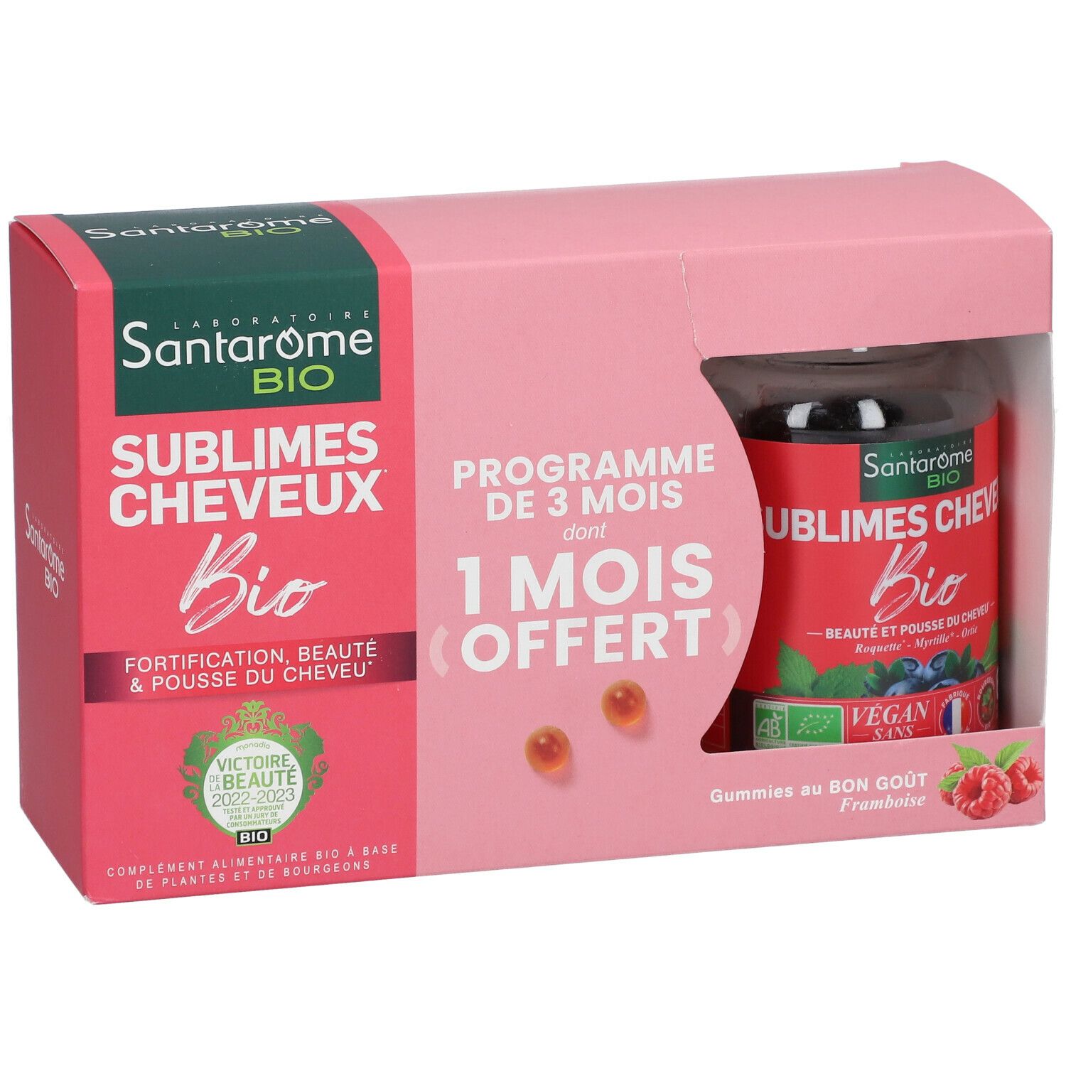 Rosa Verpackung mit Santarome Bio Gummies. Sichtbar: Produktname, 1 Monat gratis, 2 Gummis.