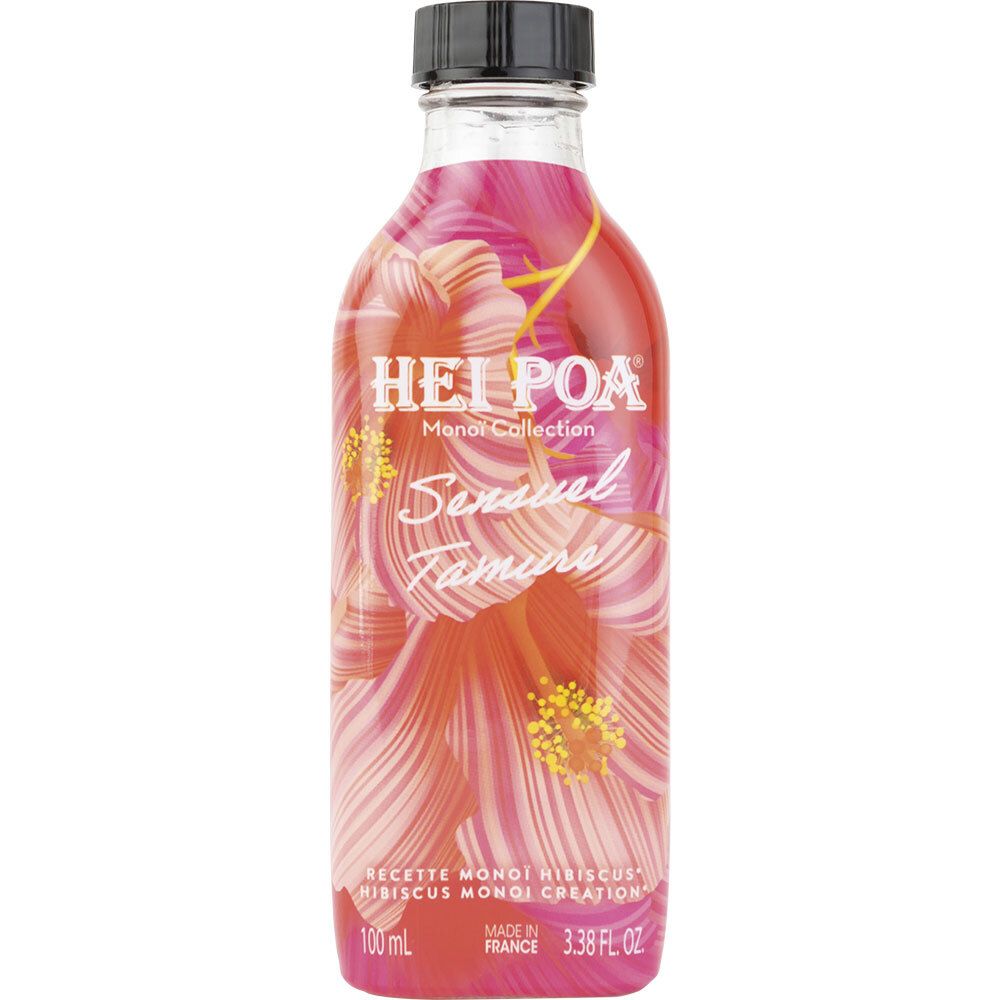Flacon avec motif floral. Inscription: HEI POA, Monoi Collection, Sensual Tamure. 100 ml, 3.38 fl oz.