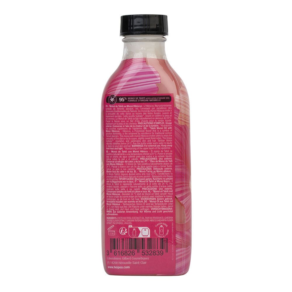 Dos du flacon. Fond rose avec texte. Inscription: 95% ingrédients d'origine naturelle. Code-barres.