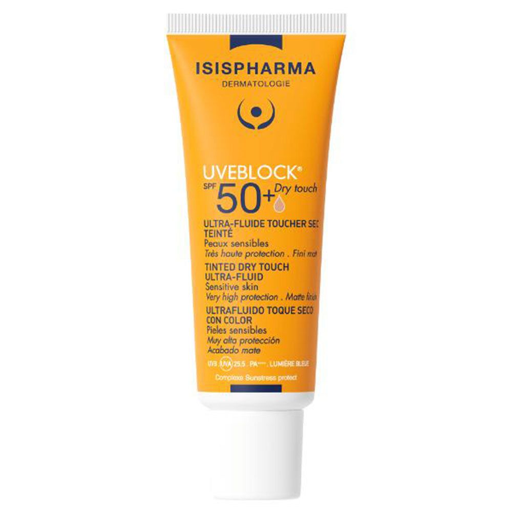 Tube jaune ISISPHARMA Uveblock SPF 50+ Dry Touch. Texte multilingue. Bouchon blanc.