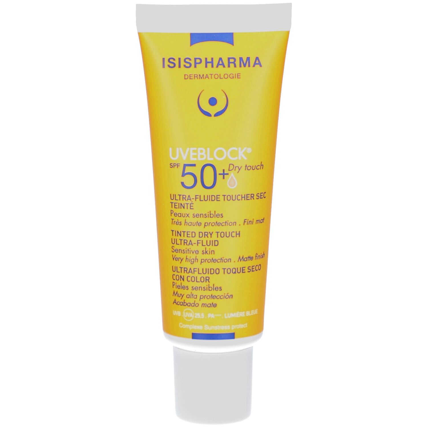Tube jaune ISISPHARMA Uveblock SPF 50+ Dry Touch. Texte multilingue. Bouchon blanc.