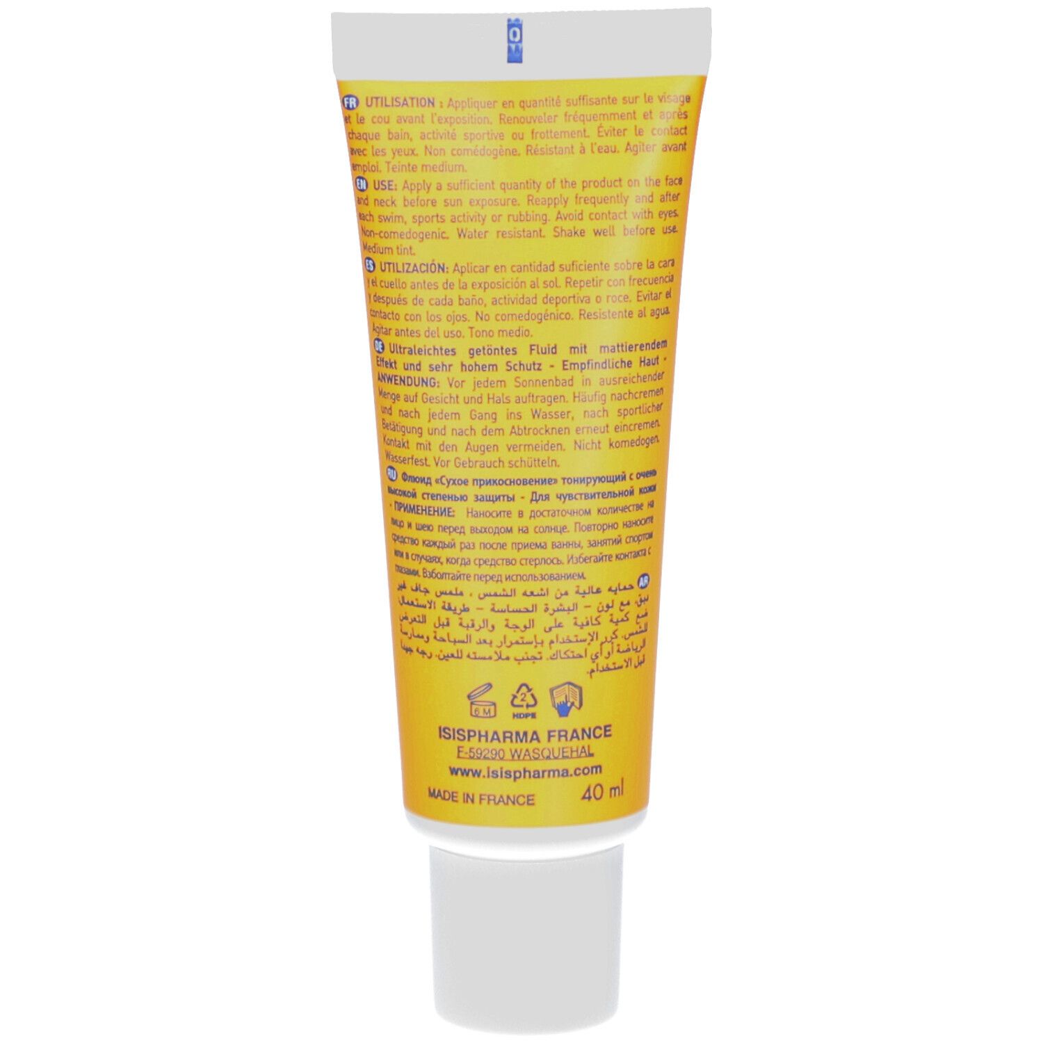 Dos du tube jaune. Texte multilingue. Informations fabricant et volume.