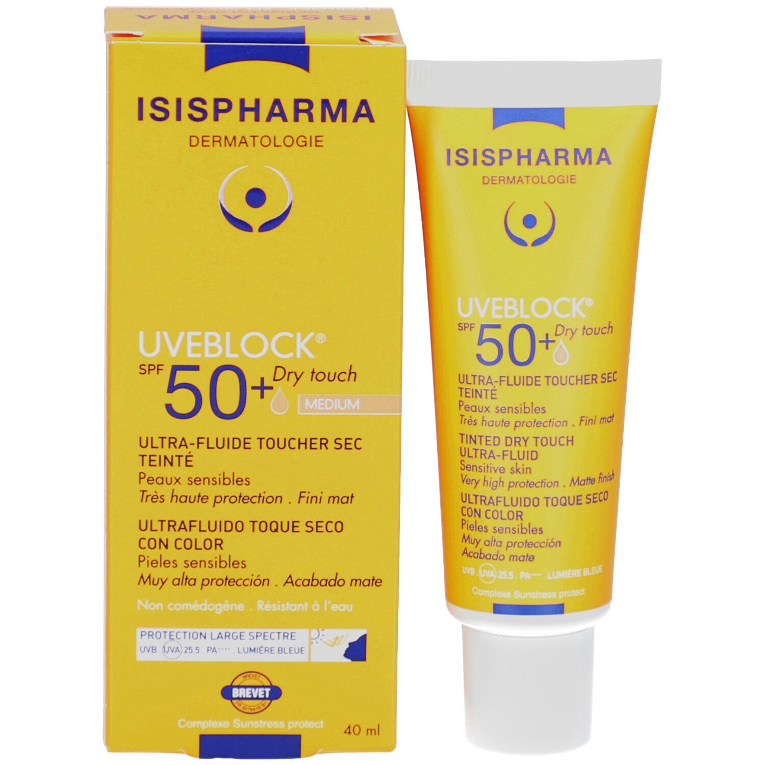 Emballage produit : boîte et tube ISISPHARMA Uveblock SPF 50+ Dry Touch Medium. Jaune.