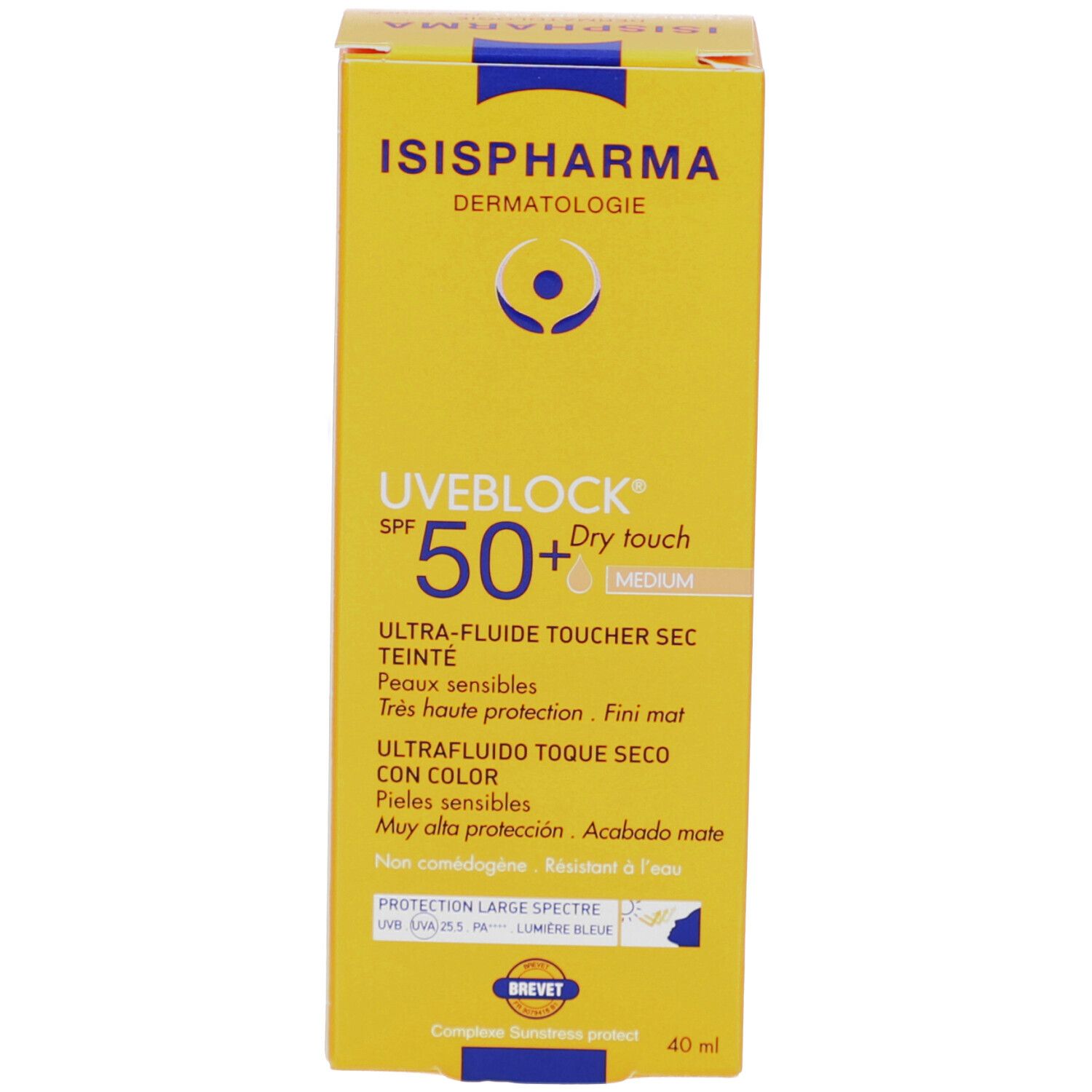 Emballage produit : boîte ISISPHARMA Uveblock SPF 50+ Dry Touch Medium. Jaune. Texte.
