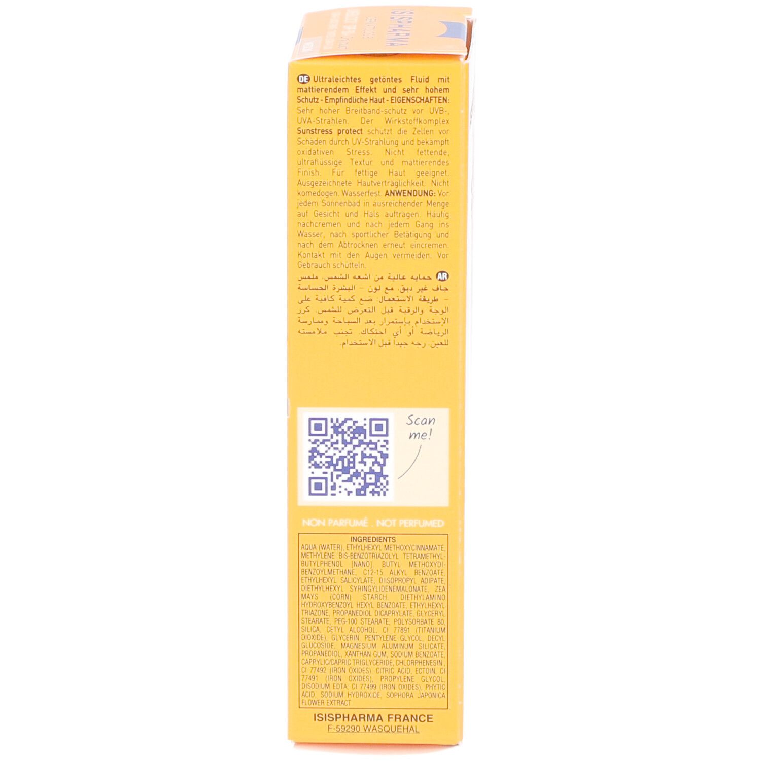 Dos de l'emballage du produit. Texte multilingue. Ingrédients et code QR.