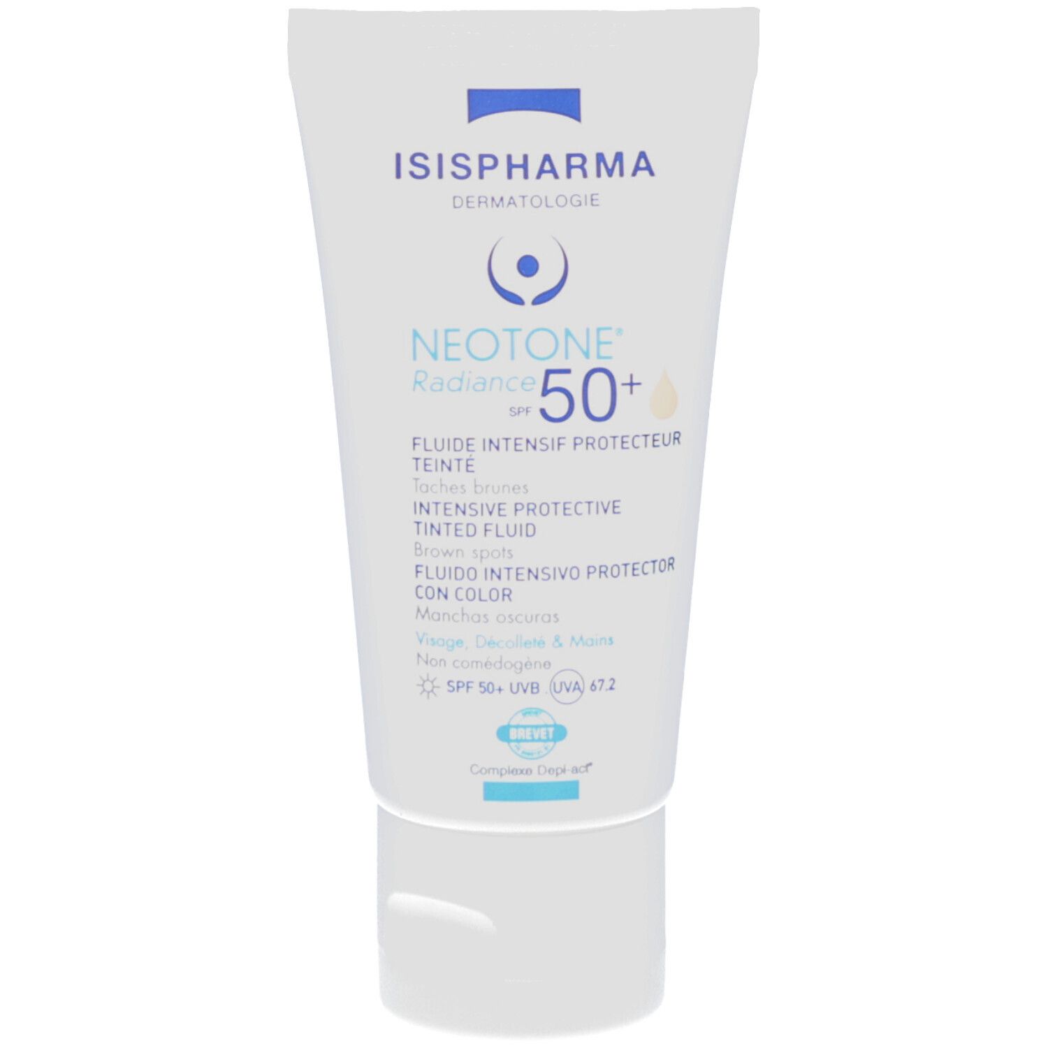 Tube blanc ISISPHARMA Neotone Radiance SPF50+. Texte multilingue. Indicateur de teinte beige. Bouchon en bas.