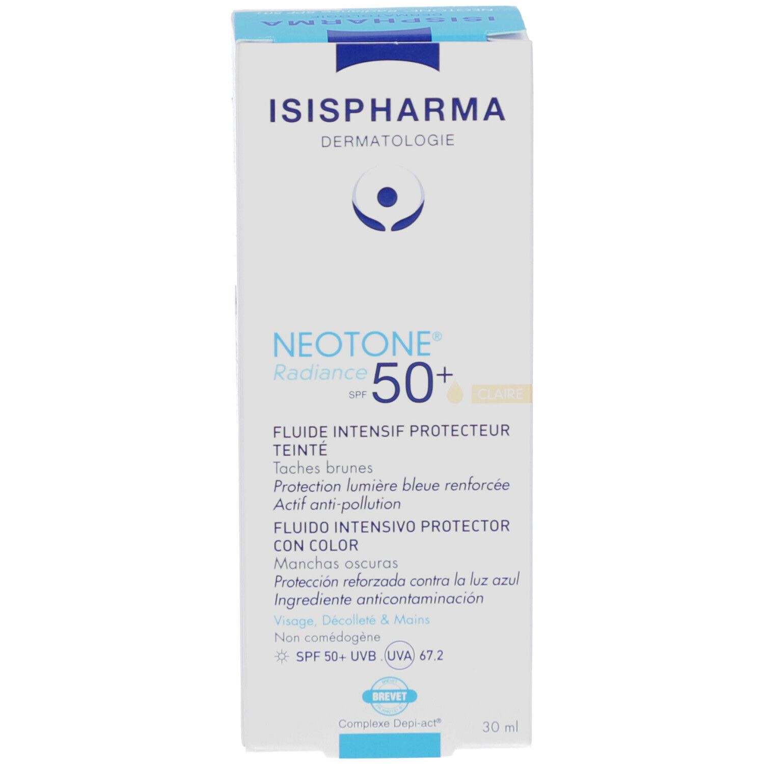 Emballage du produit. ISISPHARMA Neotone Radiance SPF50+. Texte multilingue. 30 ml. Boîte bleue.