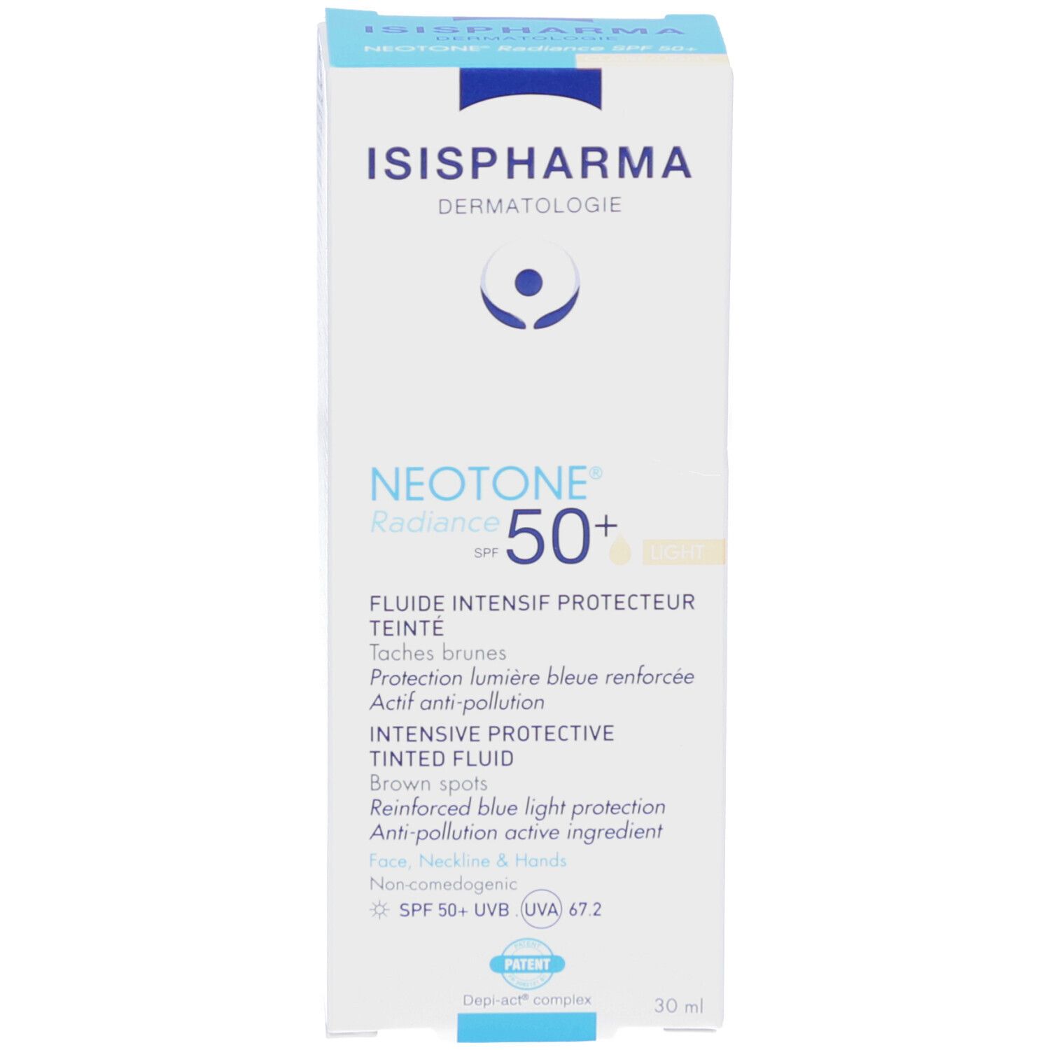Emballage du produit. ISISPHARMA Neotone Radiance SPF50+. Texte multilingue. Boîte bleue.