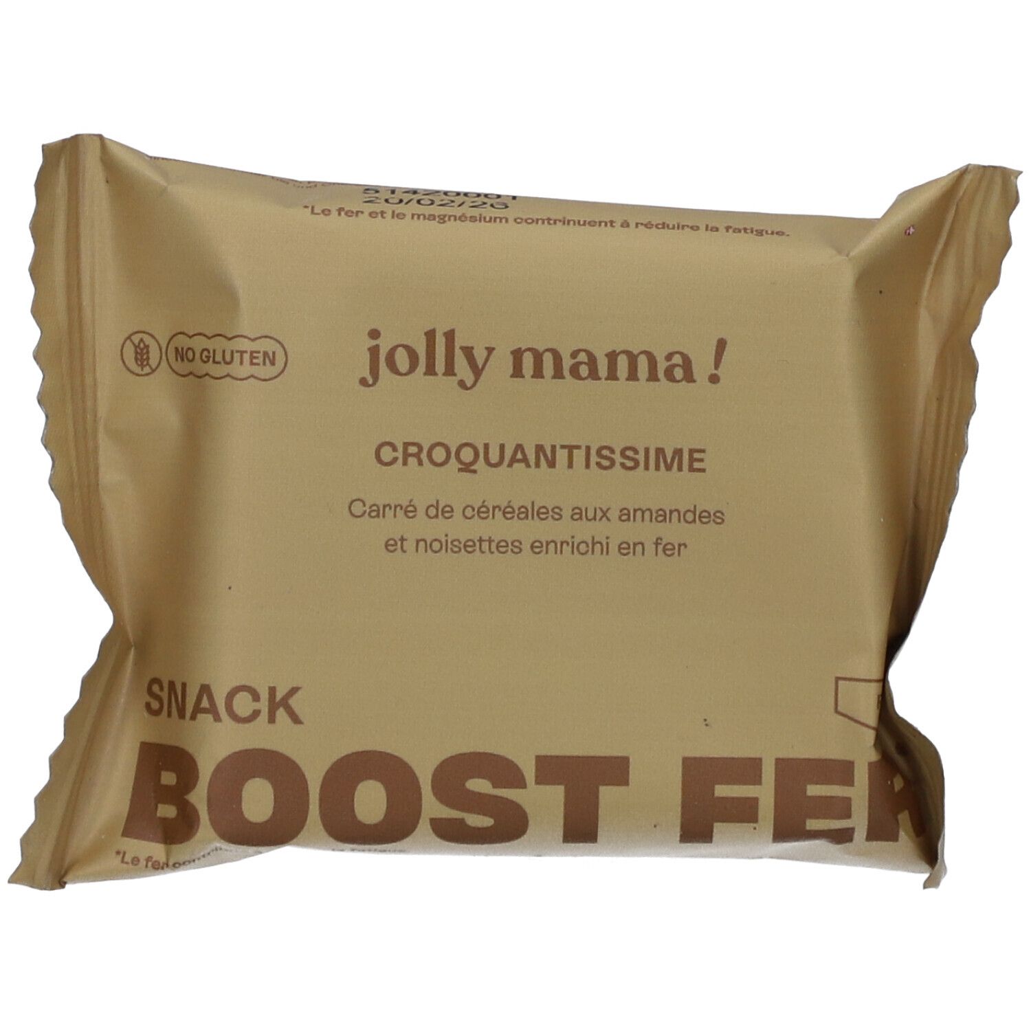 Verpackung von JOLLY MAMA Croquantissime. Aufdruck: „BOOST FER“, „Carré de céréales aux amandes et noisettes enrichi en fer“.