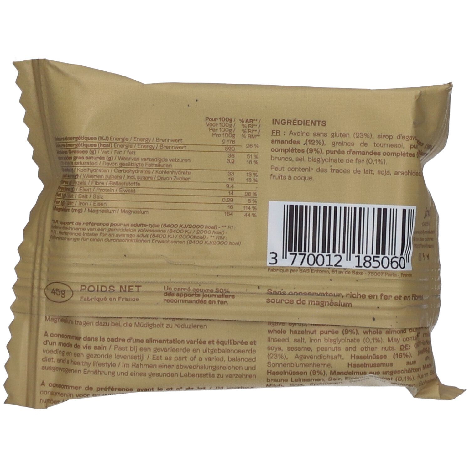 Rückseite der Verpackung von JOLLY MAMA Croquantissime. Enthält Nährwertangaben, Zutaten und Barcode.