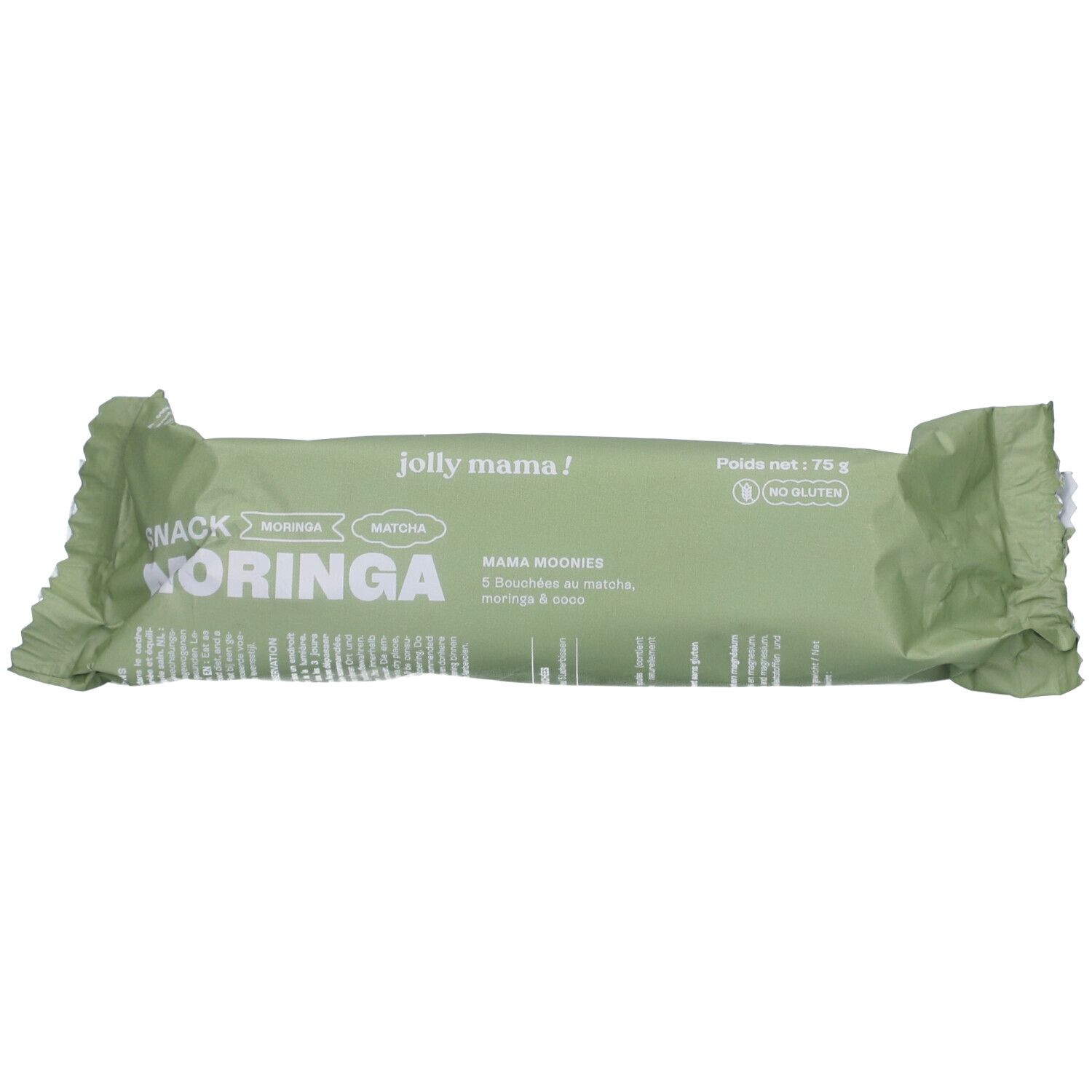 JOLLY MAMA MOONIES Snack-Riegel in grüner Verpackung. Aufschrift: Moringa, Matcha, glutenfrei. Nettogewicht: 75 g.