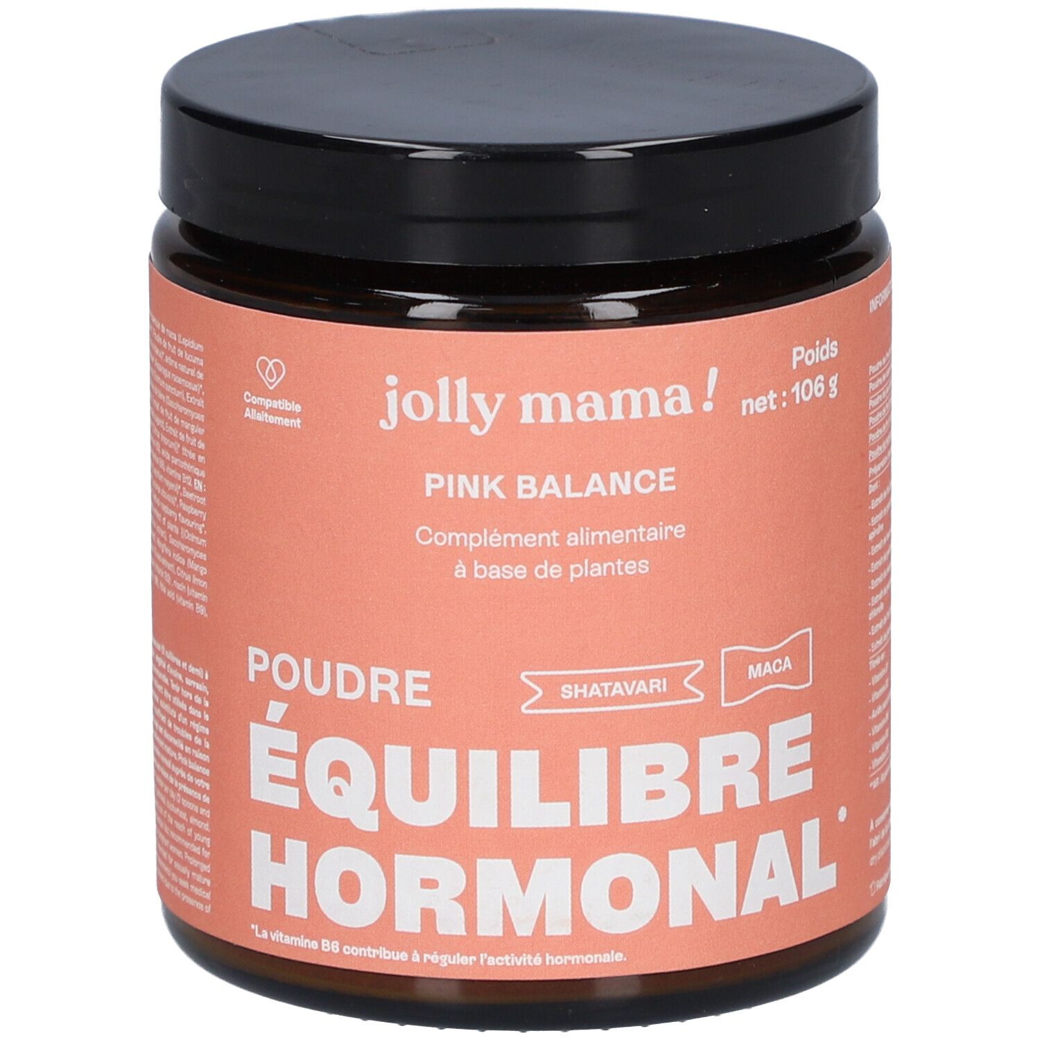 Dose JOLLY MAMA Pink Balance Poudre Equilibre Hormonal. Rosa Etikett, schwarzer Deckel. Text: Poudre Équilibre Hormonal.