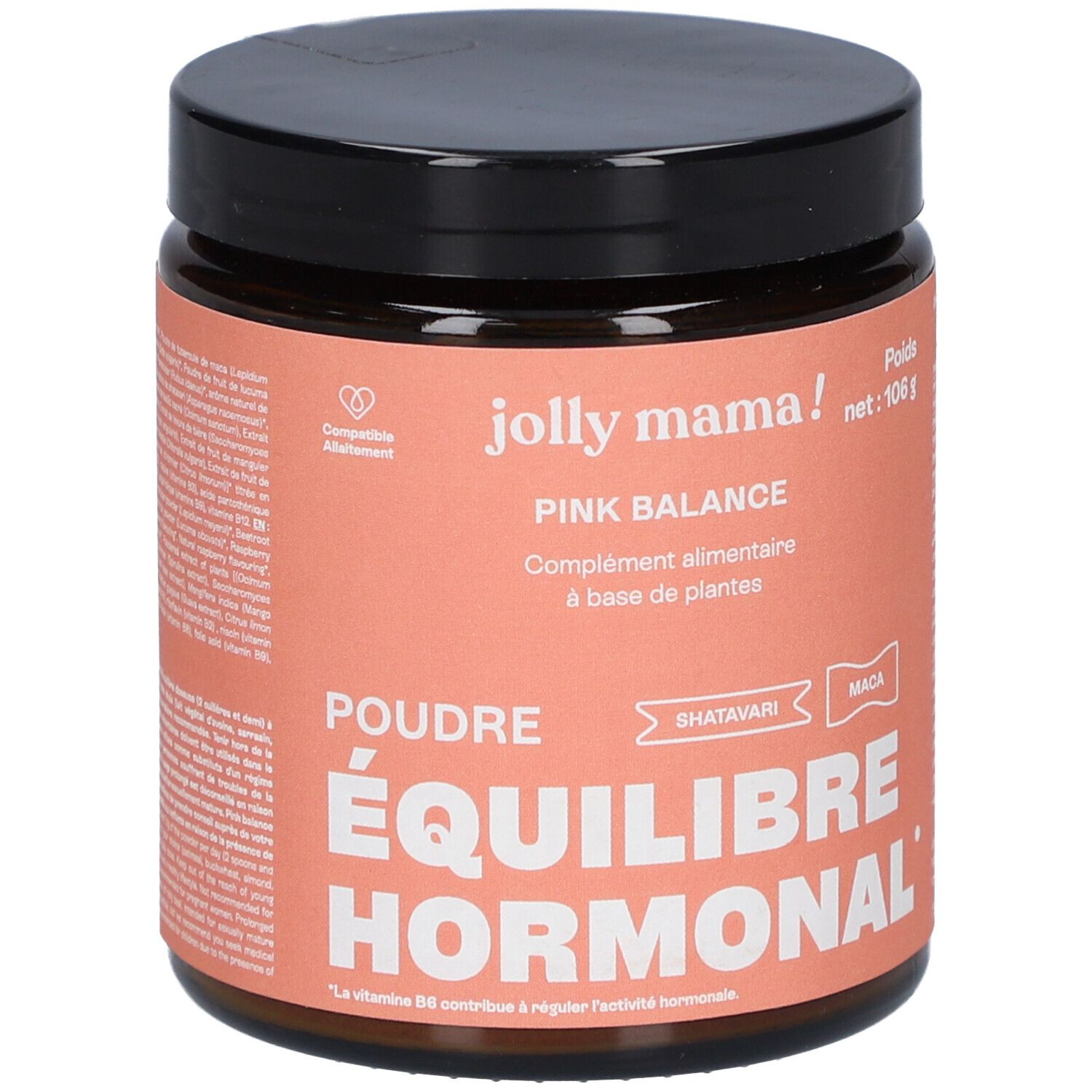 Dose JOLLY MAMA Pink Balance Poudre Equilibre Hormonal. Rosa Etikett, schwarzer Deckel. Text: Poudre Équilibre Hormonal.