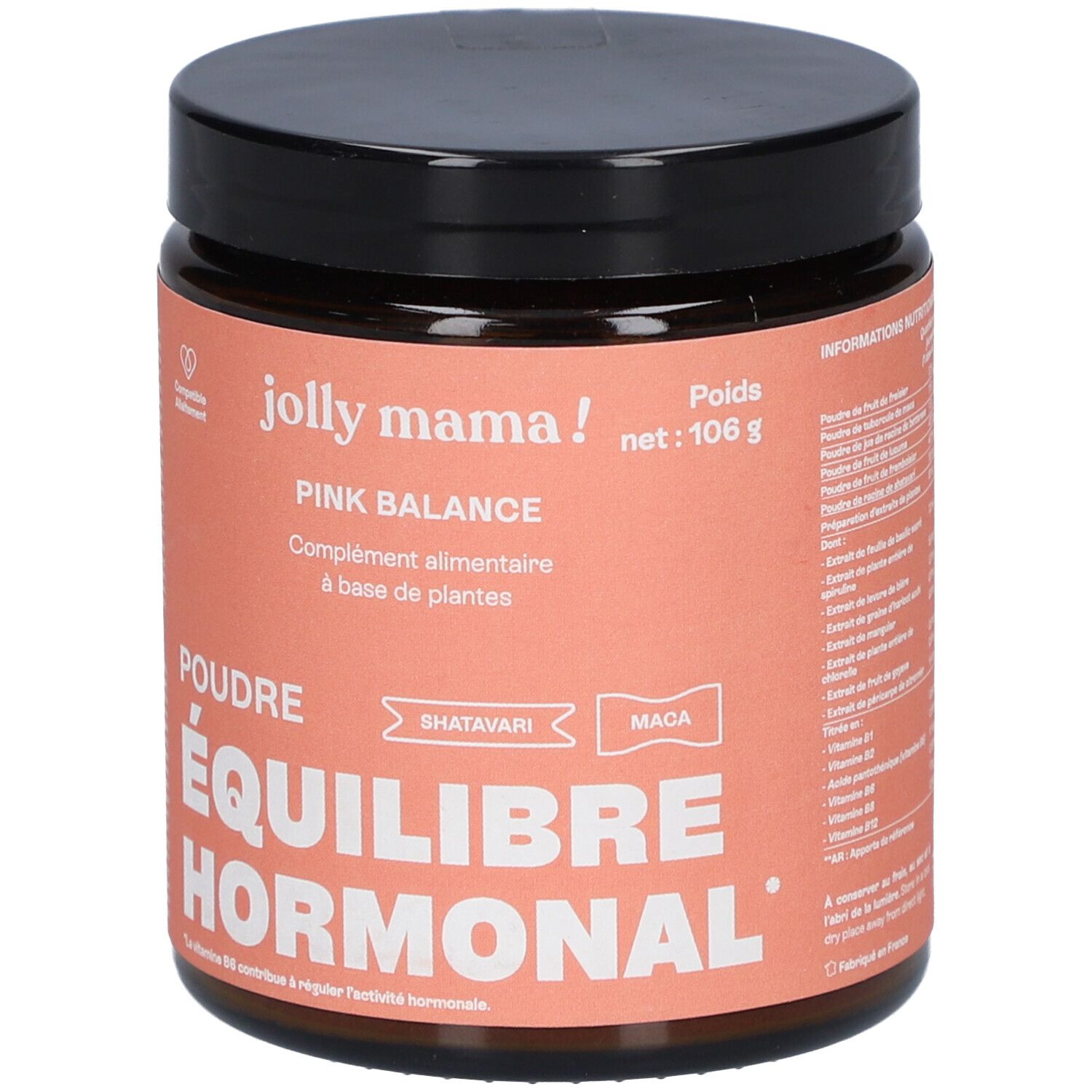 Dose JOLLY MAMA Pink Balance Poudre Equilibre Hormonal. Rosa Etikett, schwarzer Deckel. Text: Poudre Équilibre Hormonal.