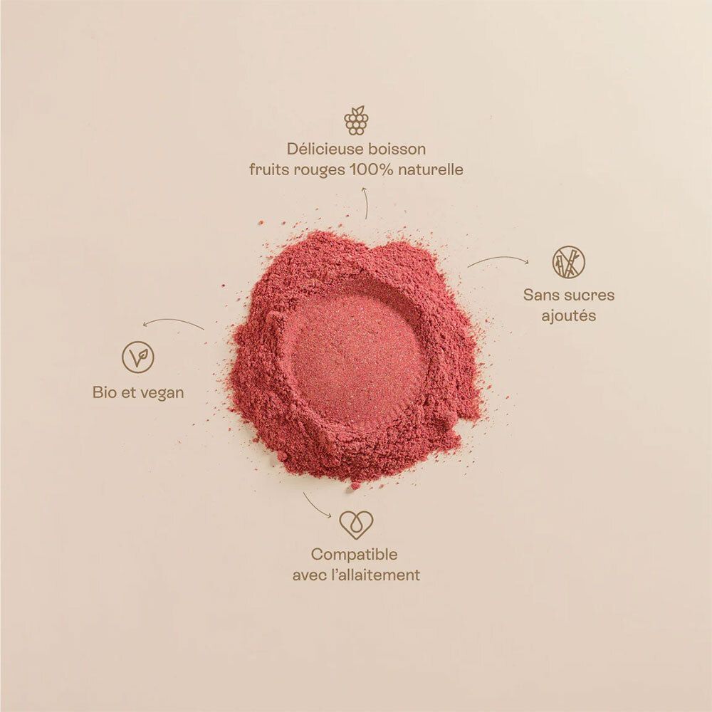 Haufen rosa Pulver. Symbole: Bio, vegan, ohne Zuckerzusatz, kompatibel mit Stillen. Text: Delicieuse boisson fruits rouges.