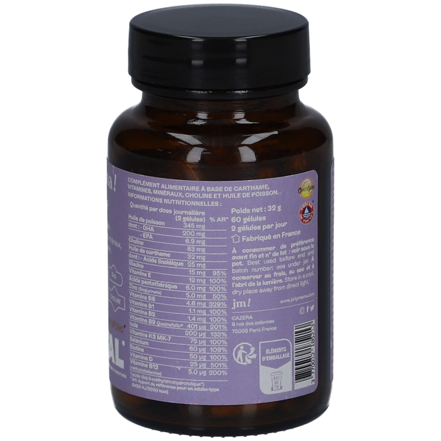 Dos du flacon brun. Contient des informations sur les ingrédients, le dosage et le fabricant.