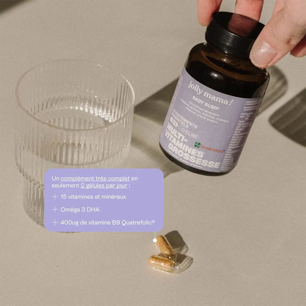 Bouteille marron avec capsules, verre d'eau. Texte: "JOLLY MAMA Baby Bump".