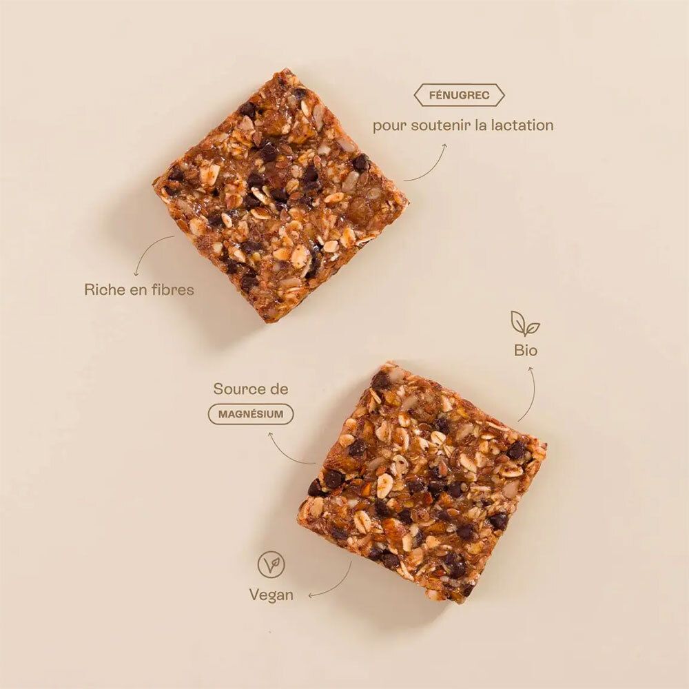 Zwei quadratische Riegel mit Text und Symbolen. Text: "Riche en fibres", "Source de magnésium", "Fenugrec". Symbole: Bio, Vegan.