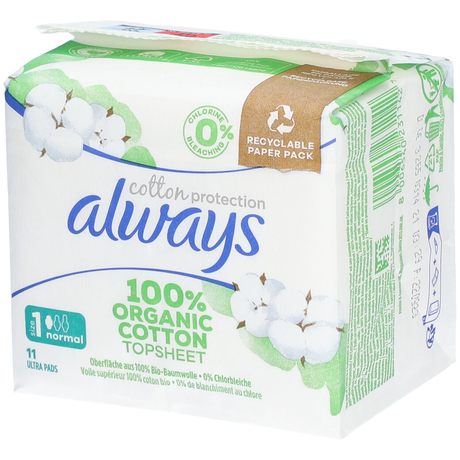 ALWAYS Cotton Protection Periodisches Handtuch Größe 1 Normal 100 % Bio-Baumwolle