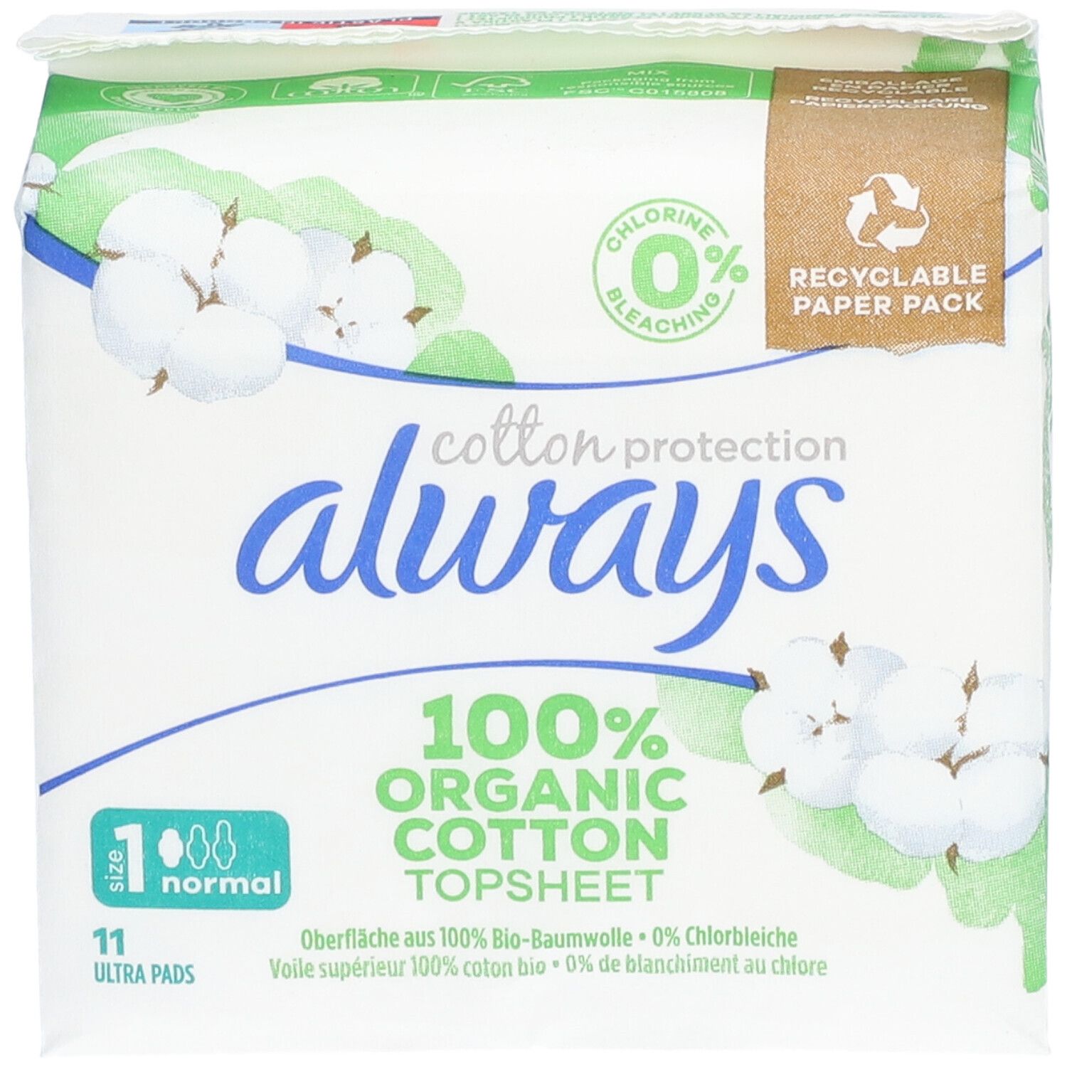 ALWAYS Cotton Protection Periodisches Handtuch Größe 1 Normal 100 % Bio-Baumwolle