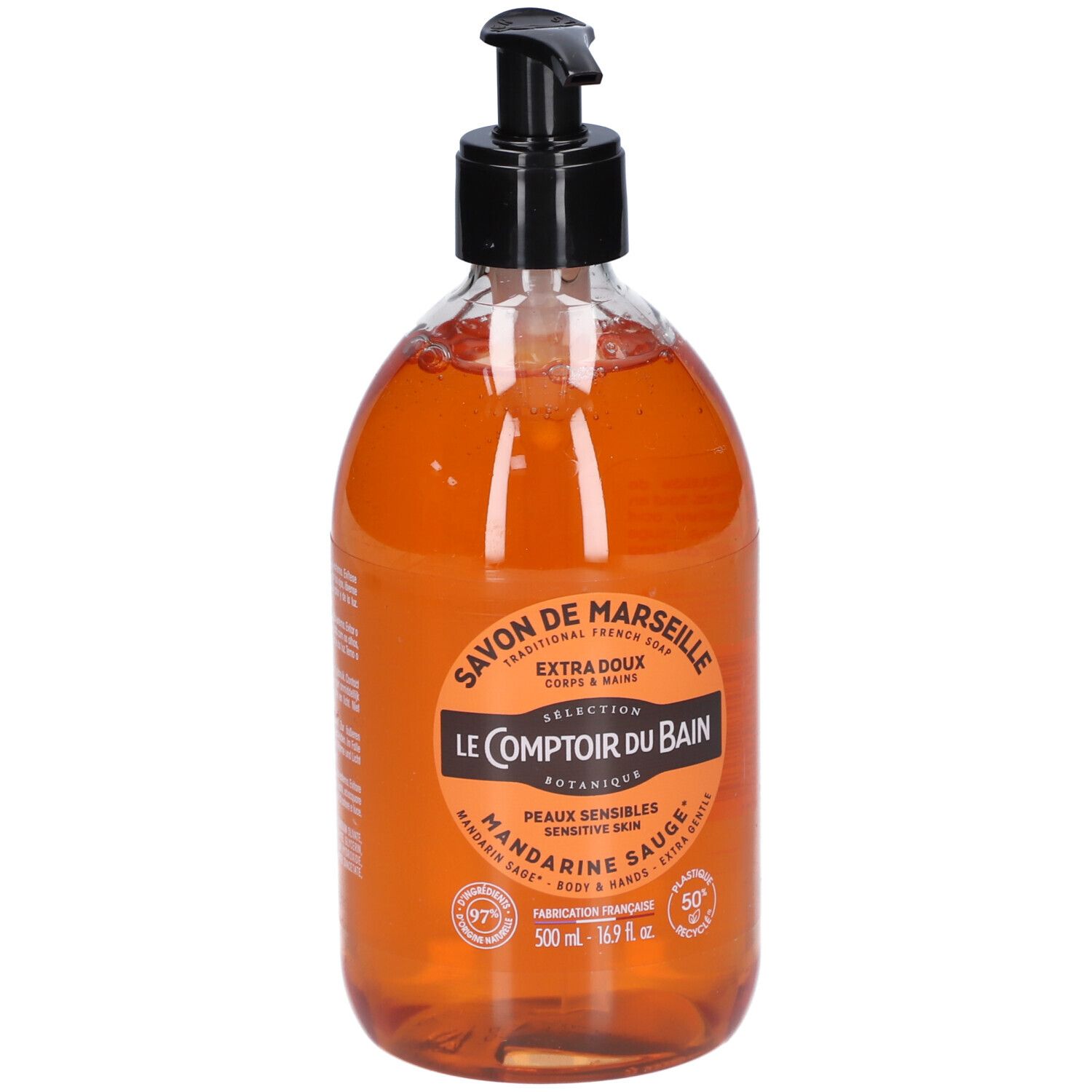 Flüssigseife von Le Comptoir du Bain. Orangefarbene Flüssigkeit in einer transparenten Flasche mit schwarzem Spender. Aufschrift: Savon de Marseille.
