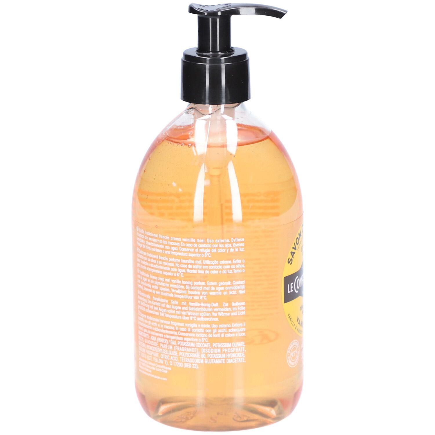 Savon liquide transparent en flacon avec pompe noire. Texte au dos. Étiquette produit.