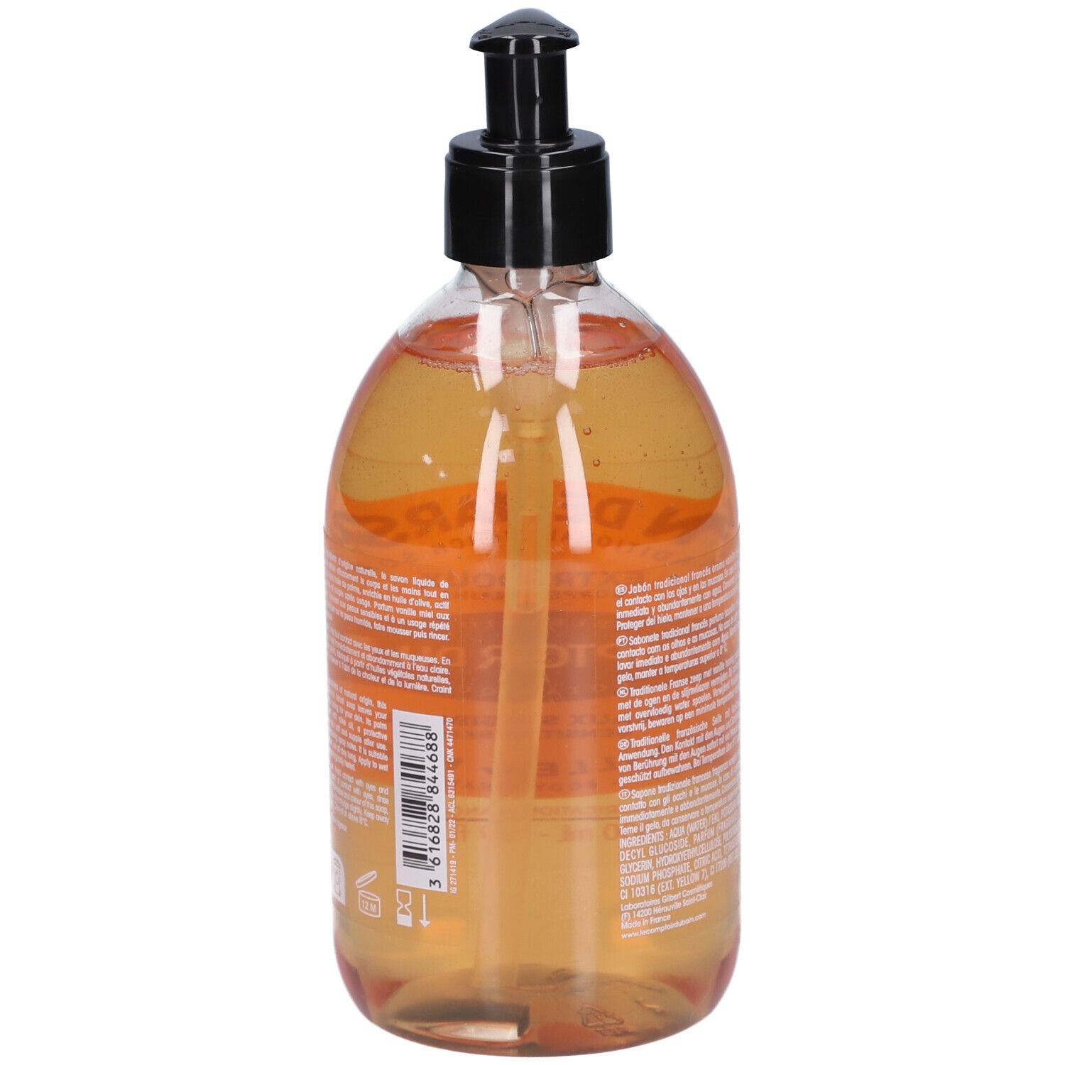 Savon liquide en flacon avec pompe noire. Texte et code-barres au dos. Étiquette produit.