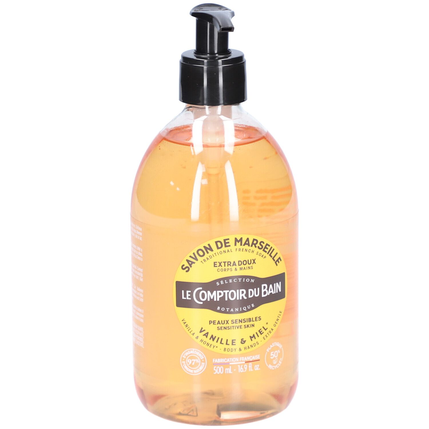 Savon liquide avec pompe. Inscription: Savon de Marseille, Le Comptoir du Bain, Vanille & Miel. Pour peaux sensibles.
