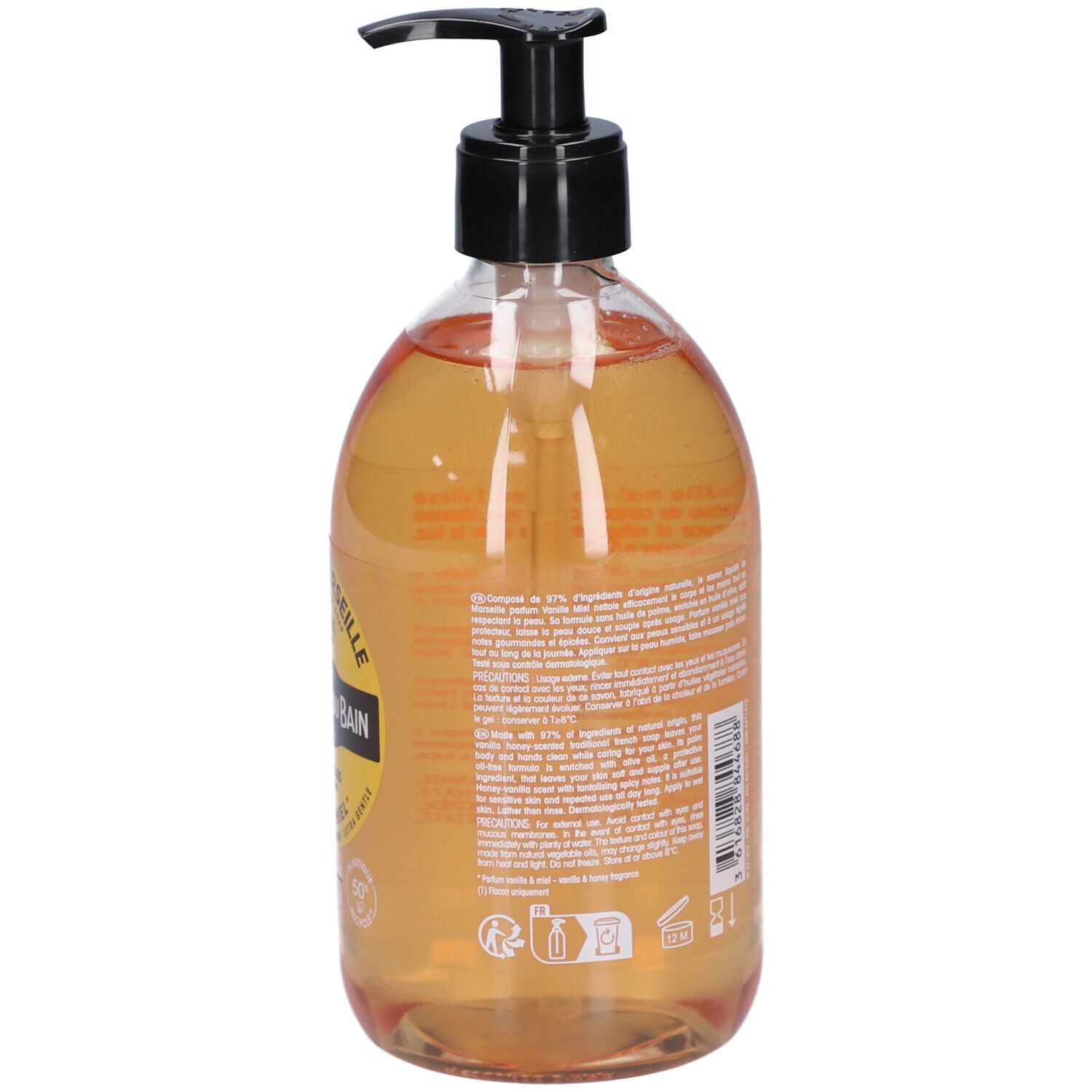 Savon liquide transparent en flacon avec pompe noire. Texte au dos. Étiquette produit.