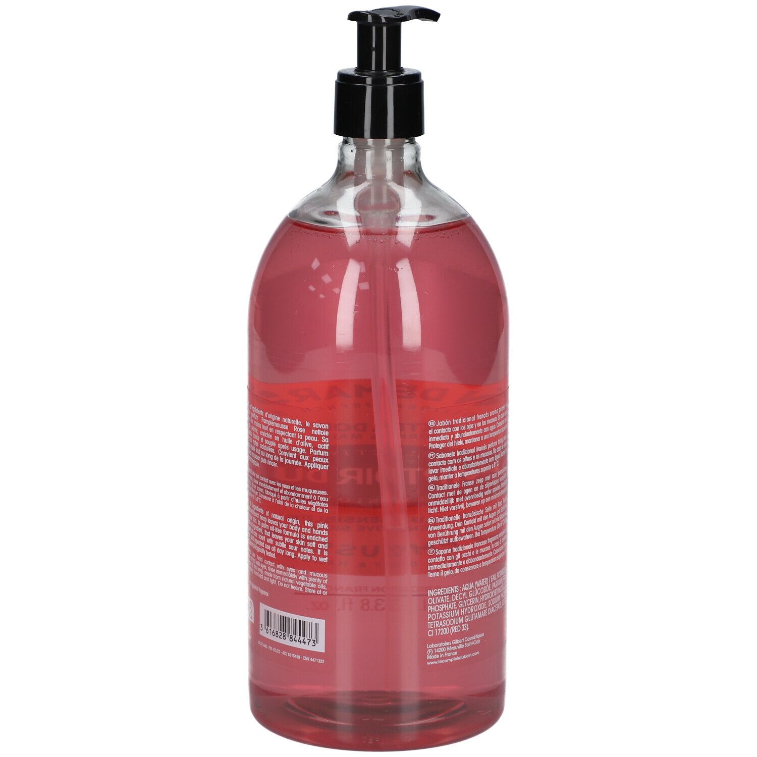 Rückseite der transparenten Flasche mit rosa Flüssigseife. Text auf dem Etikett, schwarzer Pumpspender.