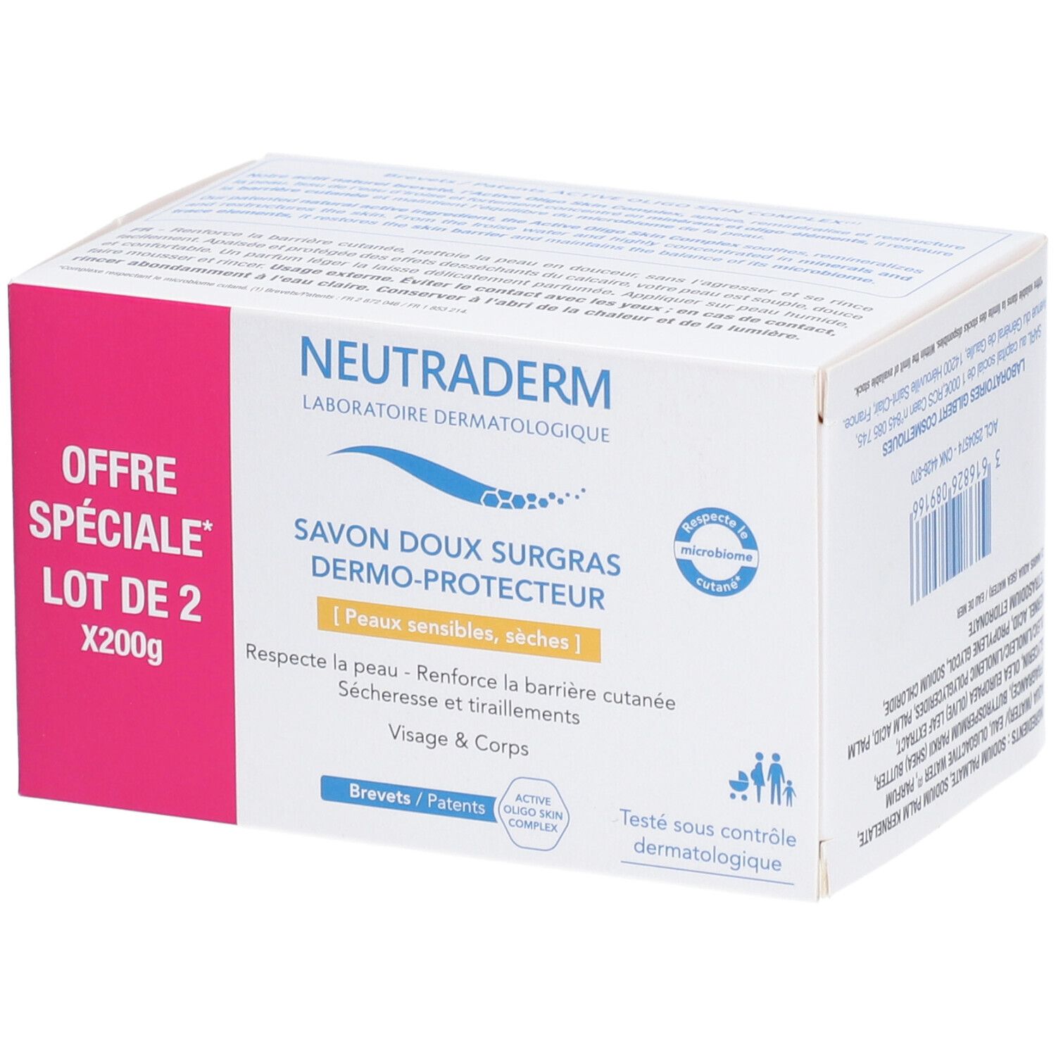 Verpackung von NEUTRADERM® Dermo-Protect Rückfettende Seife. Rosa Akzent mit Text: LOT DE 2, X200g. Produktname und Beschreibung.