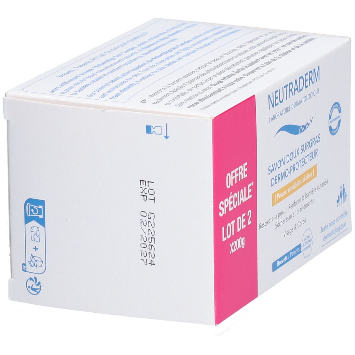 Verpackung von NEUTRADERM® Dermo-Protect. Rosa Akzent mit Text: OFFRE SPÉCIALE LOT DE 2 X200g. Produktname und Beschreibung.
