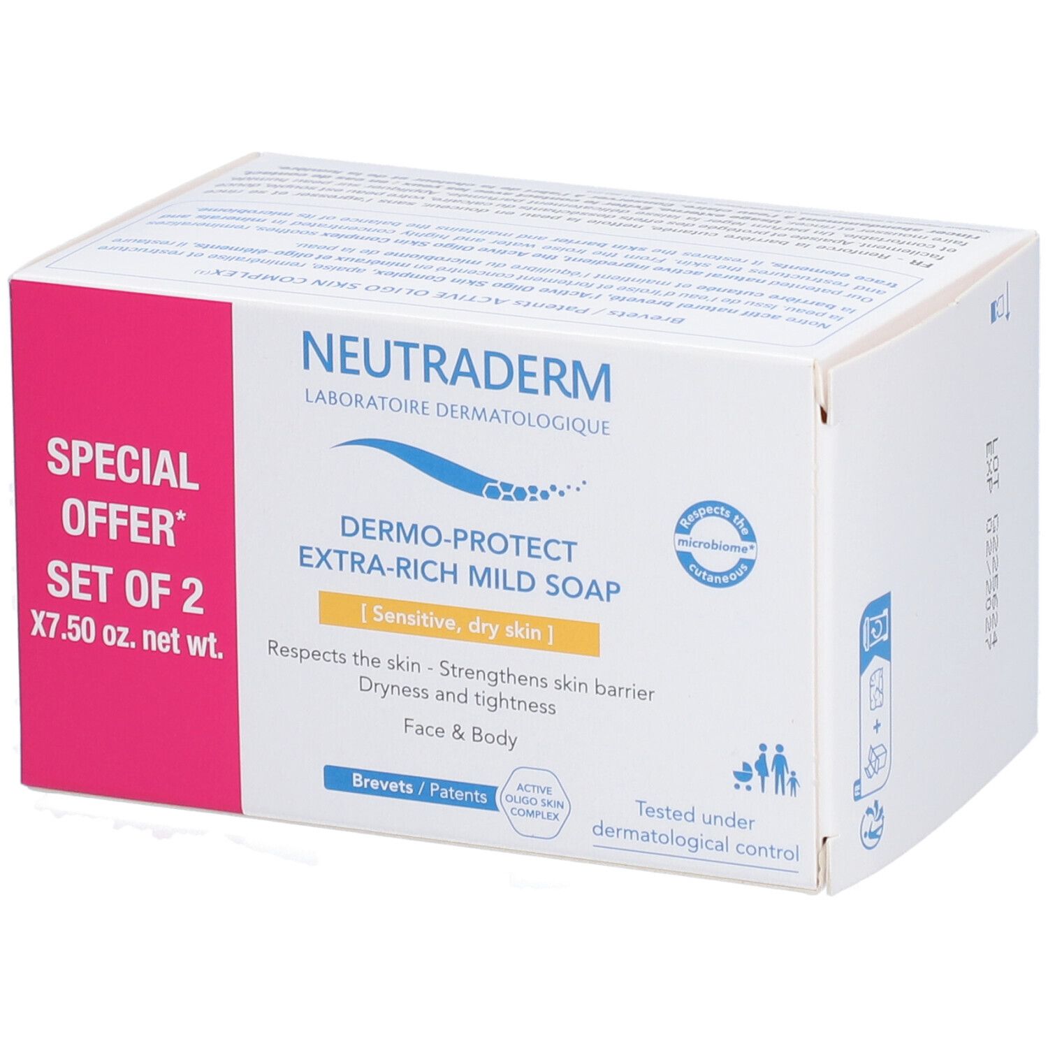 Verpackung von NEUTRADERM® Dermo-Protect Extra-Rich Mild Soap. Rosa Akzent mit Text: SPECIAL OFFER SET OF 2 X7.50 oz. net wt. Produktname und Beschreibung.