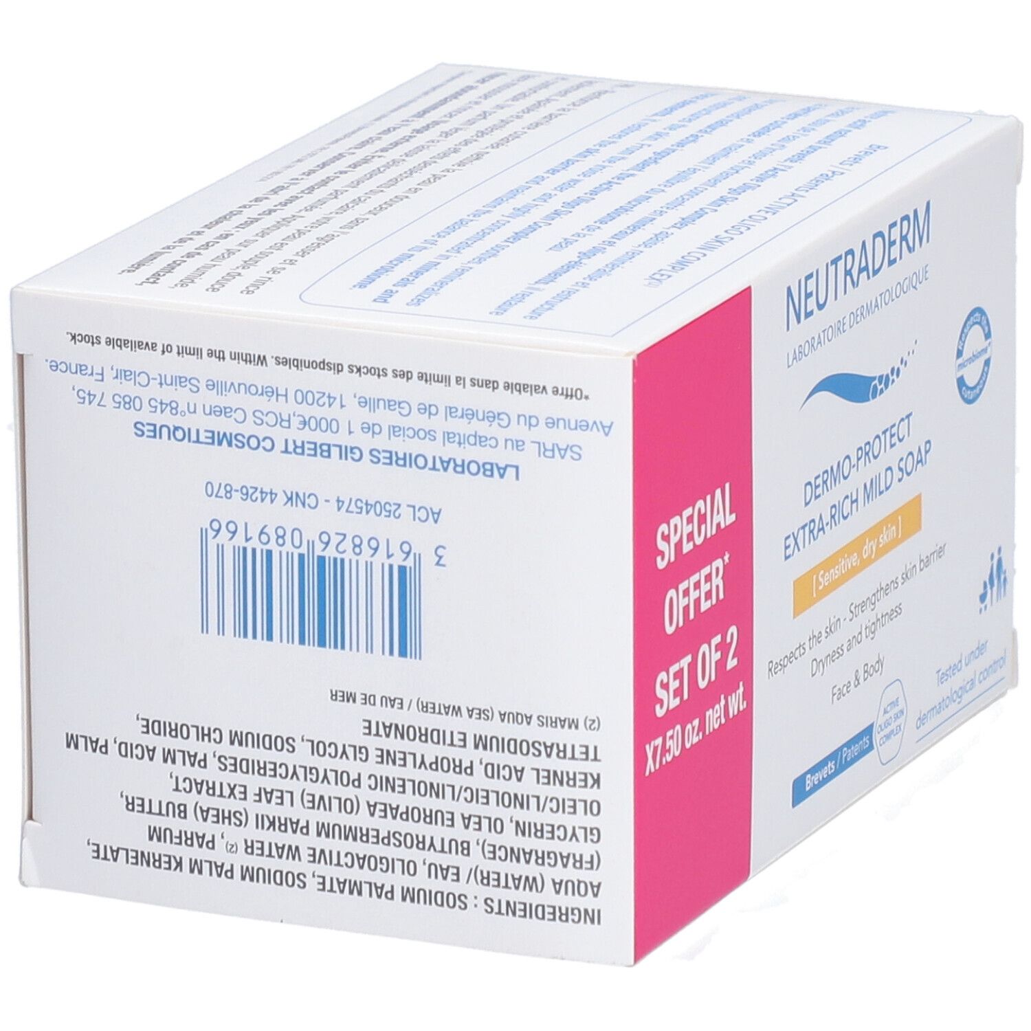 Verpackung von NEUTRADERM® Dermo-Protect Extra-Rich Mild Soap. Rosa Akzent mit Text: SPECIAL OFFER SET OF 2 X7.50 oz. net wt. Zutatenliste.