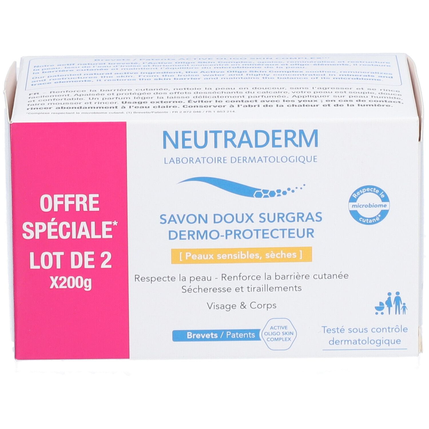 Verpackung von NEUTRADERM® Dermo-Protect Rückfettende Seife. Rosa Akzent mit Text: OFFRE SPÉCIALE LOT DE 2 X200g. Produktname und Beschreibung.