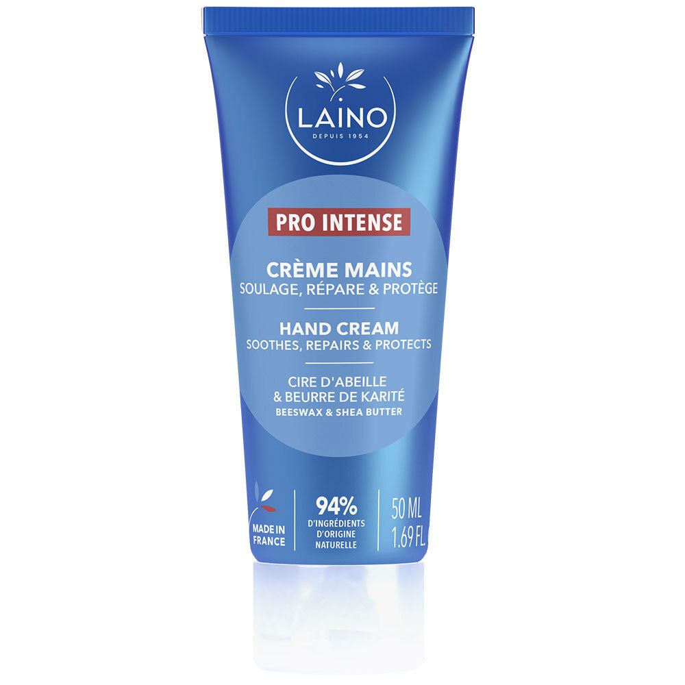 Tube bleu de crème pour les mains "LAINO Pro Intense". Inscriptions: "Crème Mains", "Cire d'abeille & beurre de karité". 50 ml, 1.69 FL OZ.