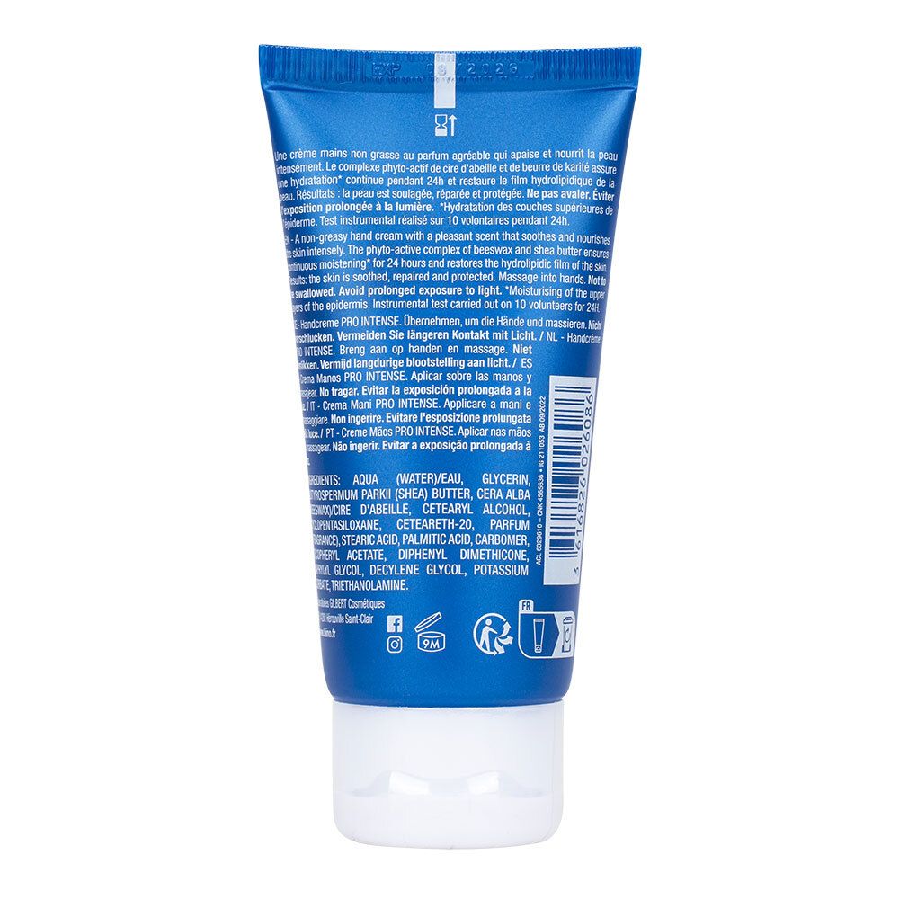 Dos du tube bleu de crème pour les mains "LAINO Pro Intense". Texte multilingues. Ingrédients et informations fabricant.